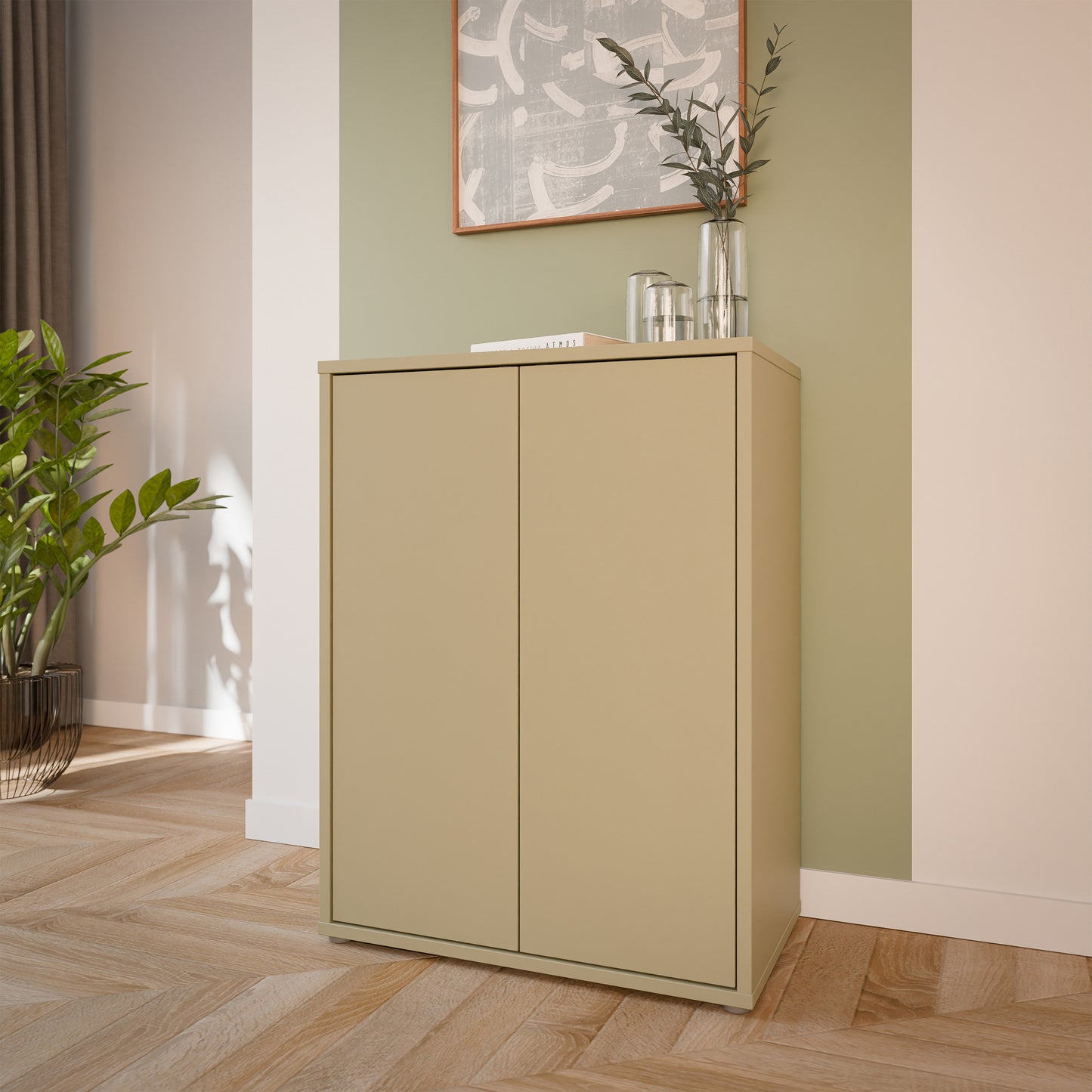 Alice Springs Tall 2 Door Cupboard with Push-to-Open Doors in Butter Yellow