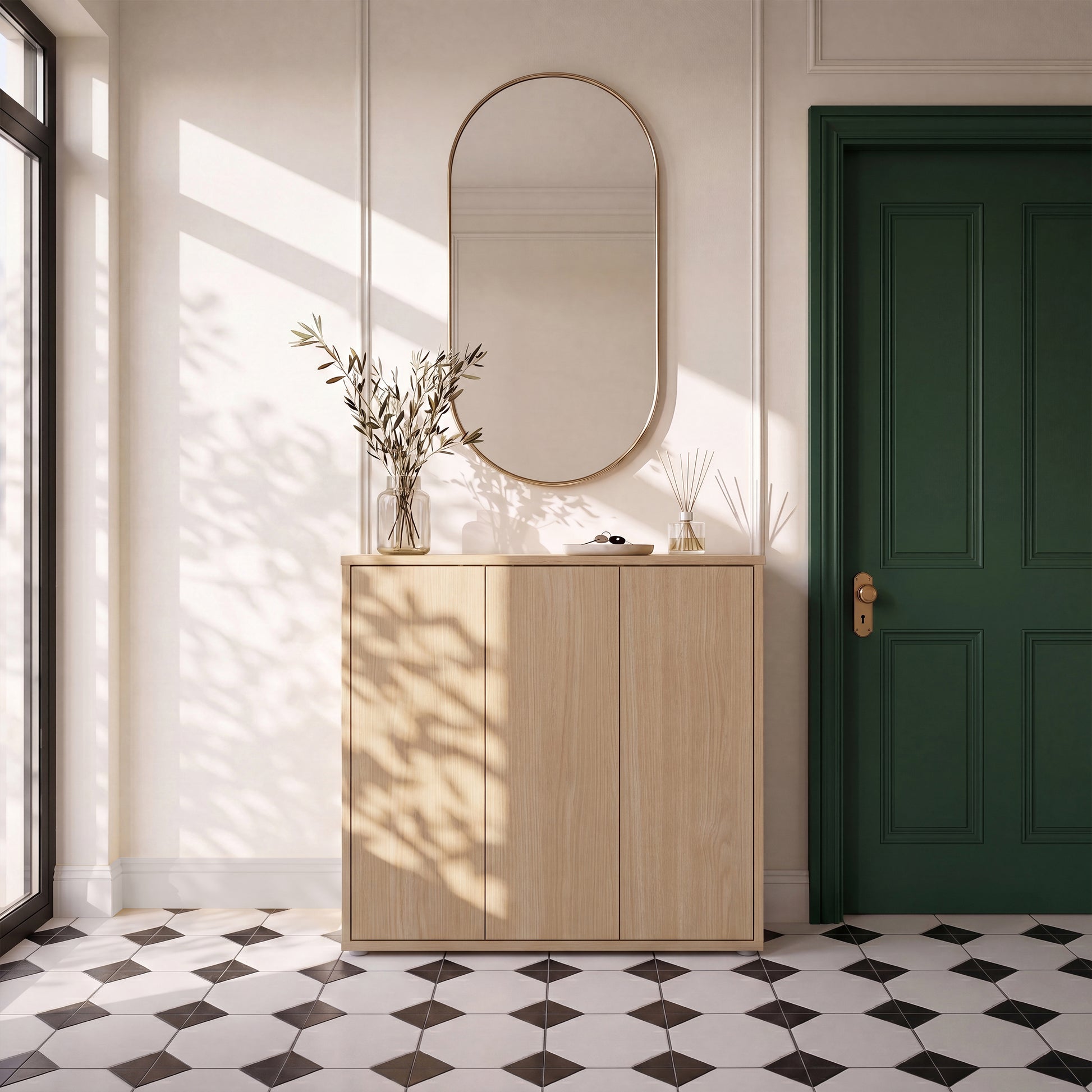 Alice Springs Shoe Cabinet with 3 Doors Push-to-Open in Elegancia Oak