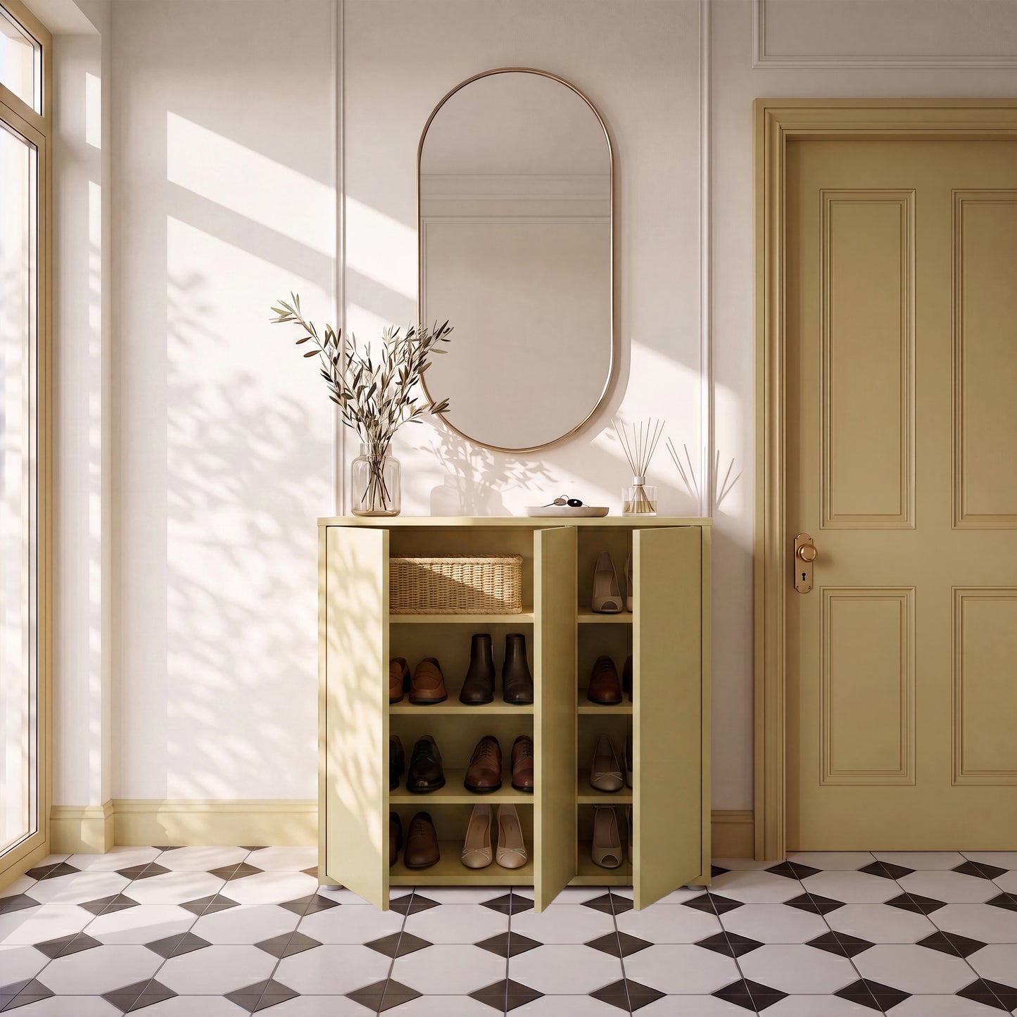Alice Springs Shoe Cabinet with 3 Doors Push-to-Open in Butter Yellow