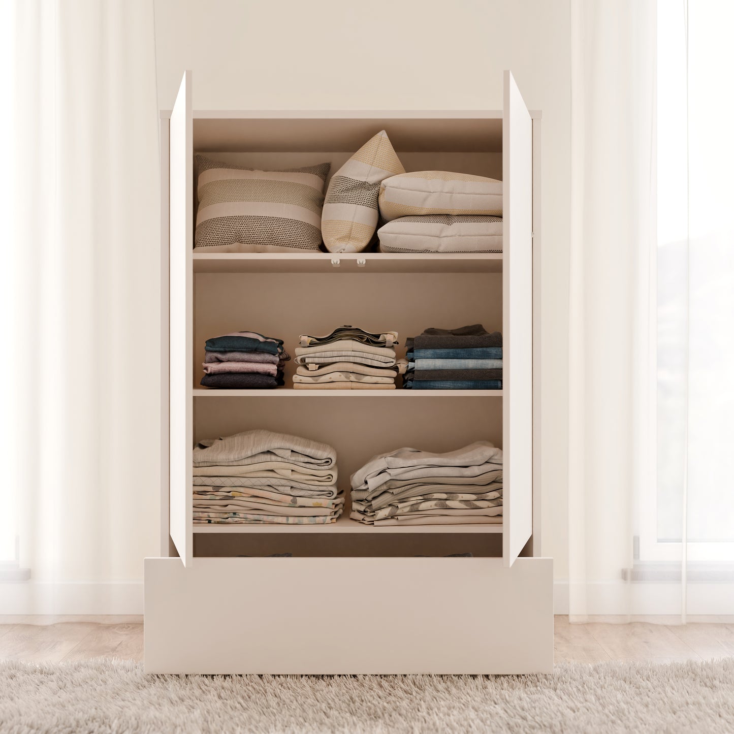 Alice Springs 2 Door Low Wardrobe with Push-to-Open Doors and Drawer in Sand