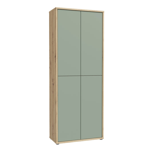 Alice Springs Shoe Cabinet with 4 Doors Push-to-Open in Artisan Oak and Sage Green Doors