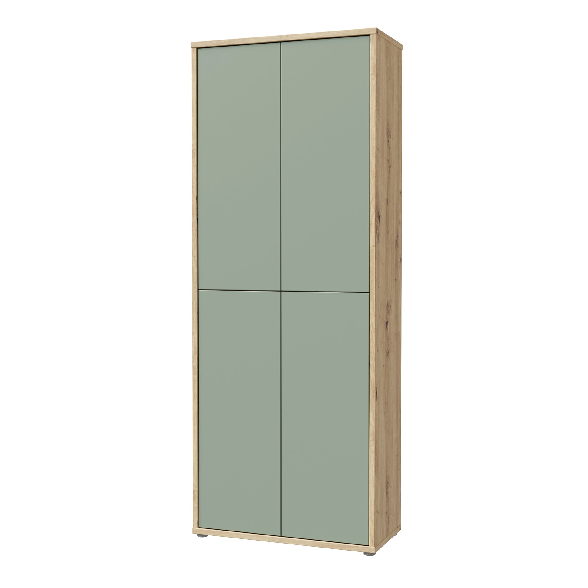 Alice Springs Shoe Cabinet with 4 Doors Push-to-Open in Artisan Oak and Sage Green Doors
