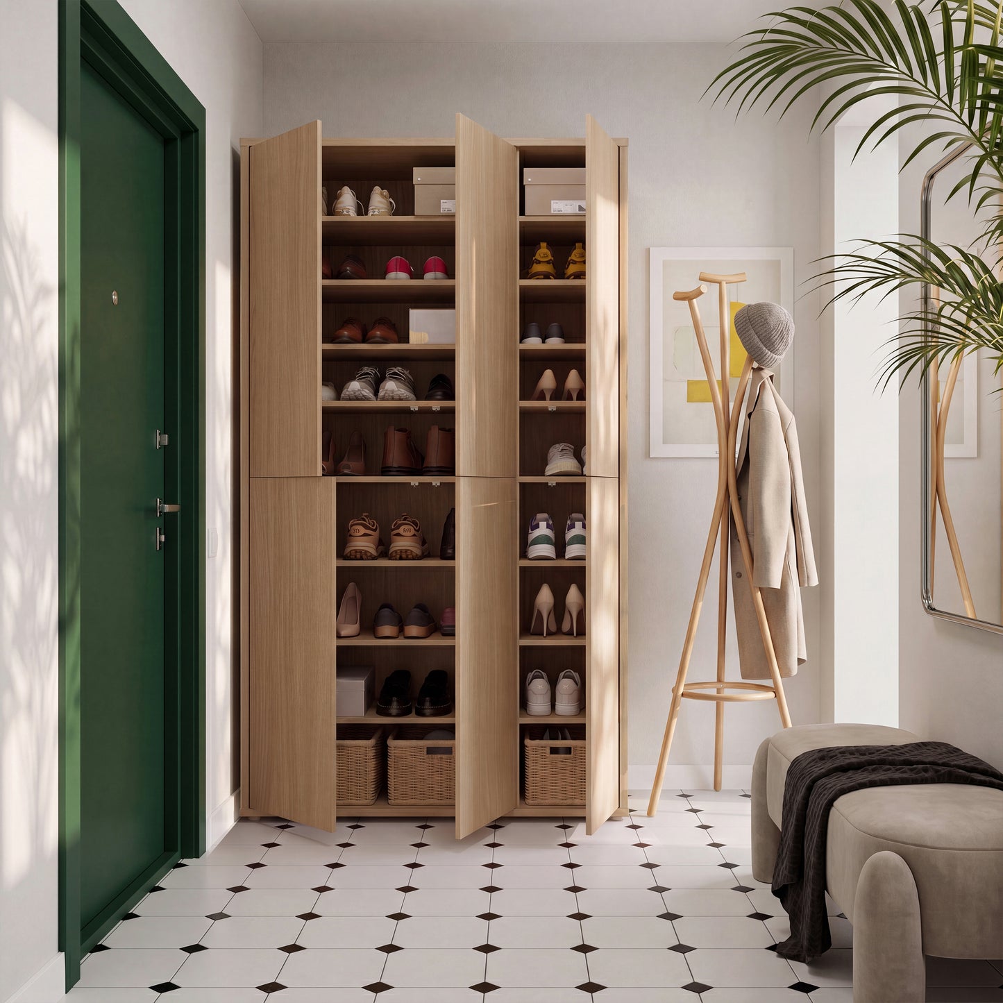 Alice Springs Tall Shoe Cabinet with 6 Doors Push-to-Open in Elegancia Oak