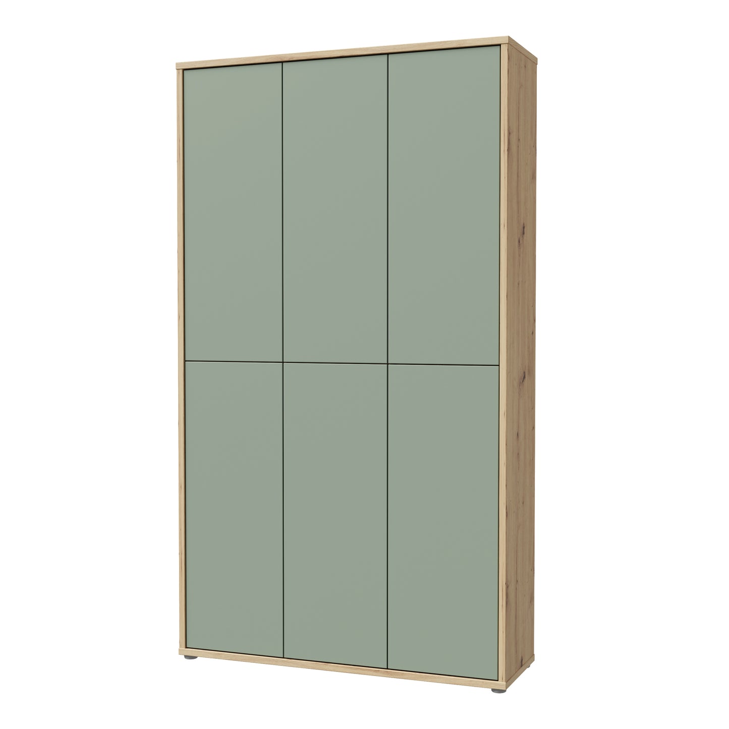 Alice Springs Shoe Cabinet with 6 Doors Push-to-Open in Artisan Oak and Sage Green Doors