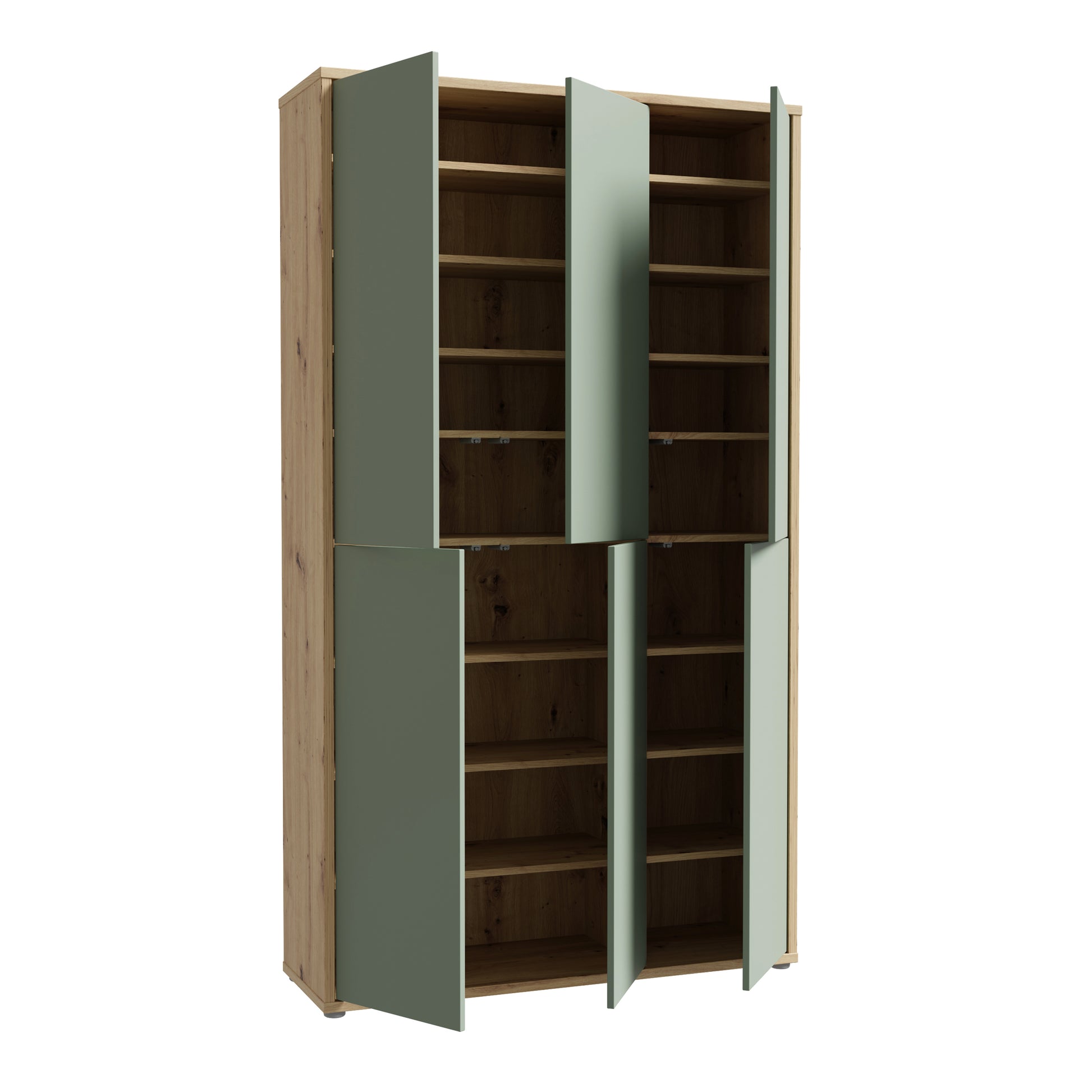 Alice Springs Shoe Cabinet with 6 Doors Push-to-Open in Artisan Oak and Sage Green Doors