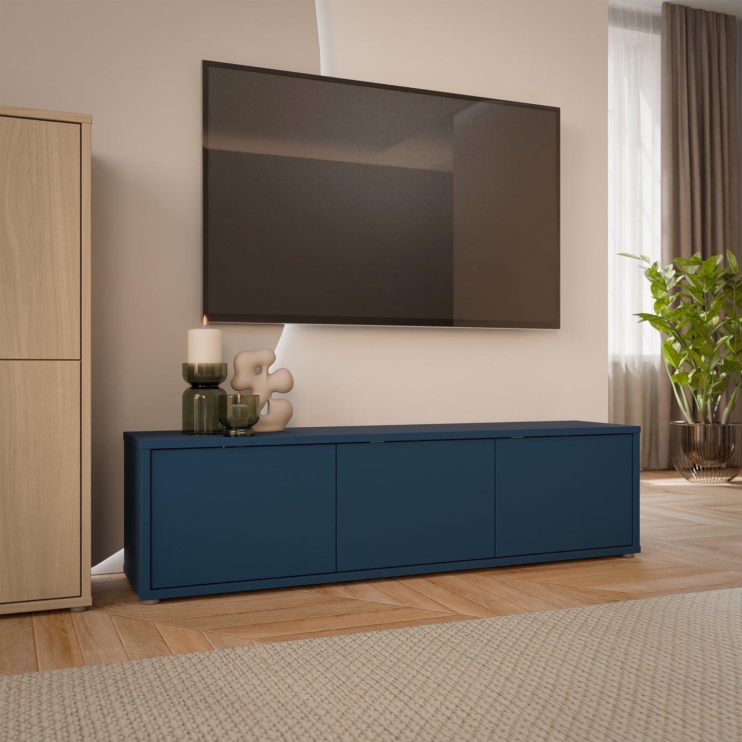 Alice Springs Wide TV Cabinet with 3 Doors Push-to-Open in Night Blue