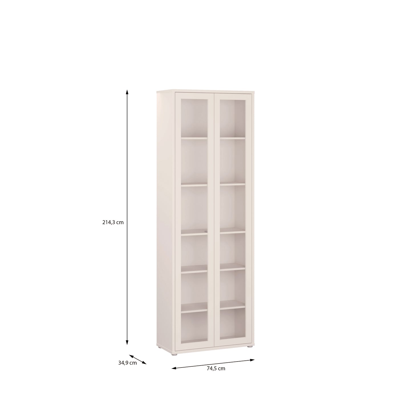 Alice Springs Slim Tall Display Cabinet with 2 Glass Doors Push-to-Open & 5 Shelves in Sand