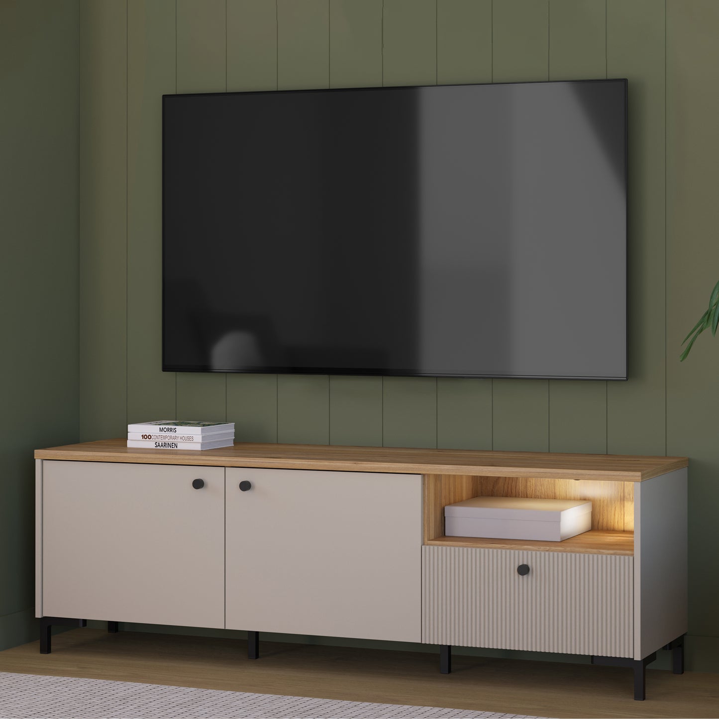 Bixbite Wide TV Unit with Fluted Drawer, Open Shelf & Cupboard in Mauvella Oak and Sand