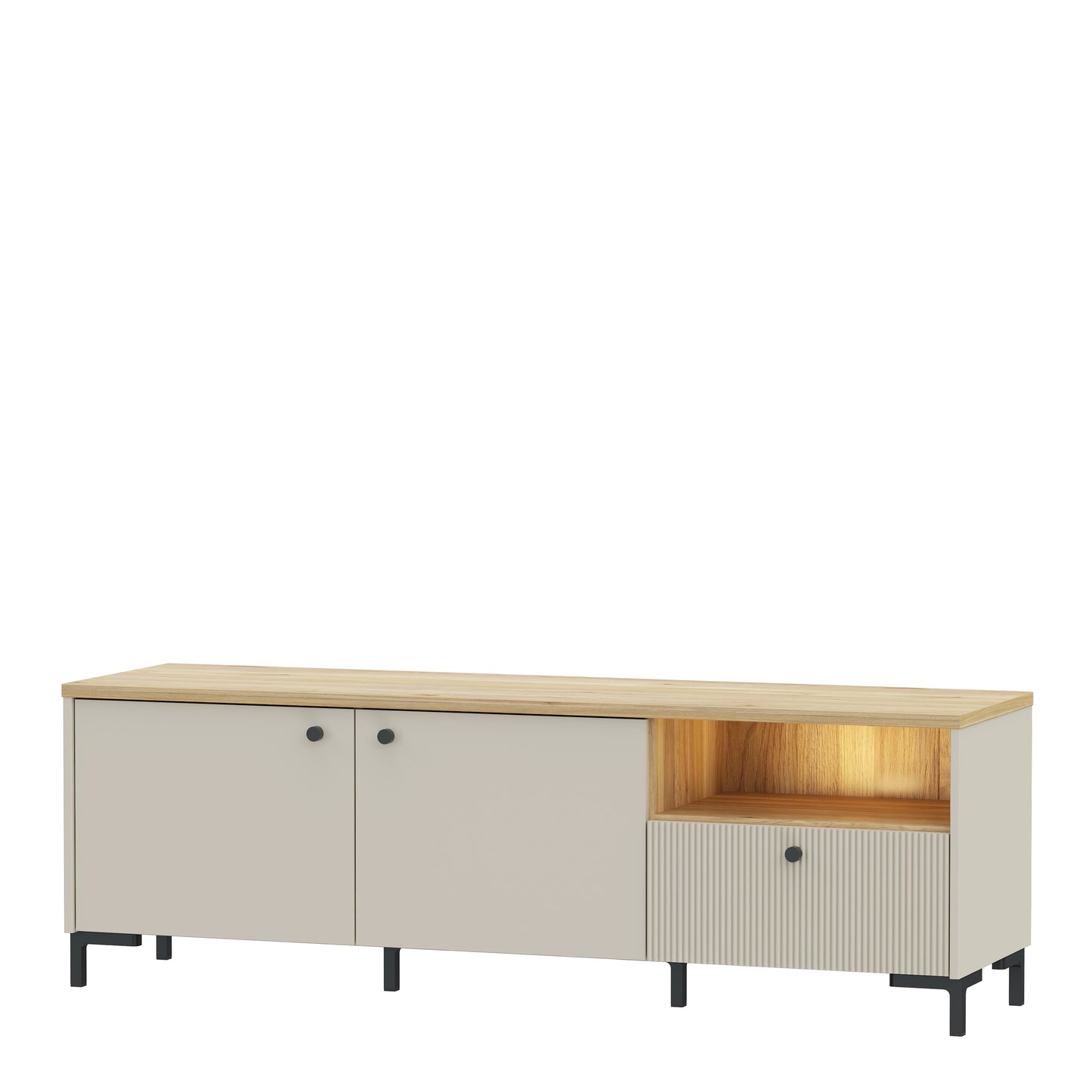 Bixbite Wide TV Unit with Fluted Drawer, Open Shelf & Cupboard in Mauvella Oak and Sand