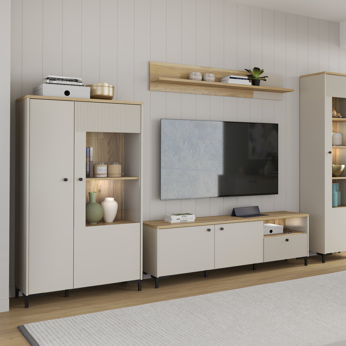 Bixbite Display Cabinet with Fluted Detail, Doors & Open Shelving in Mauvella Oak and Sand