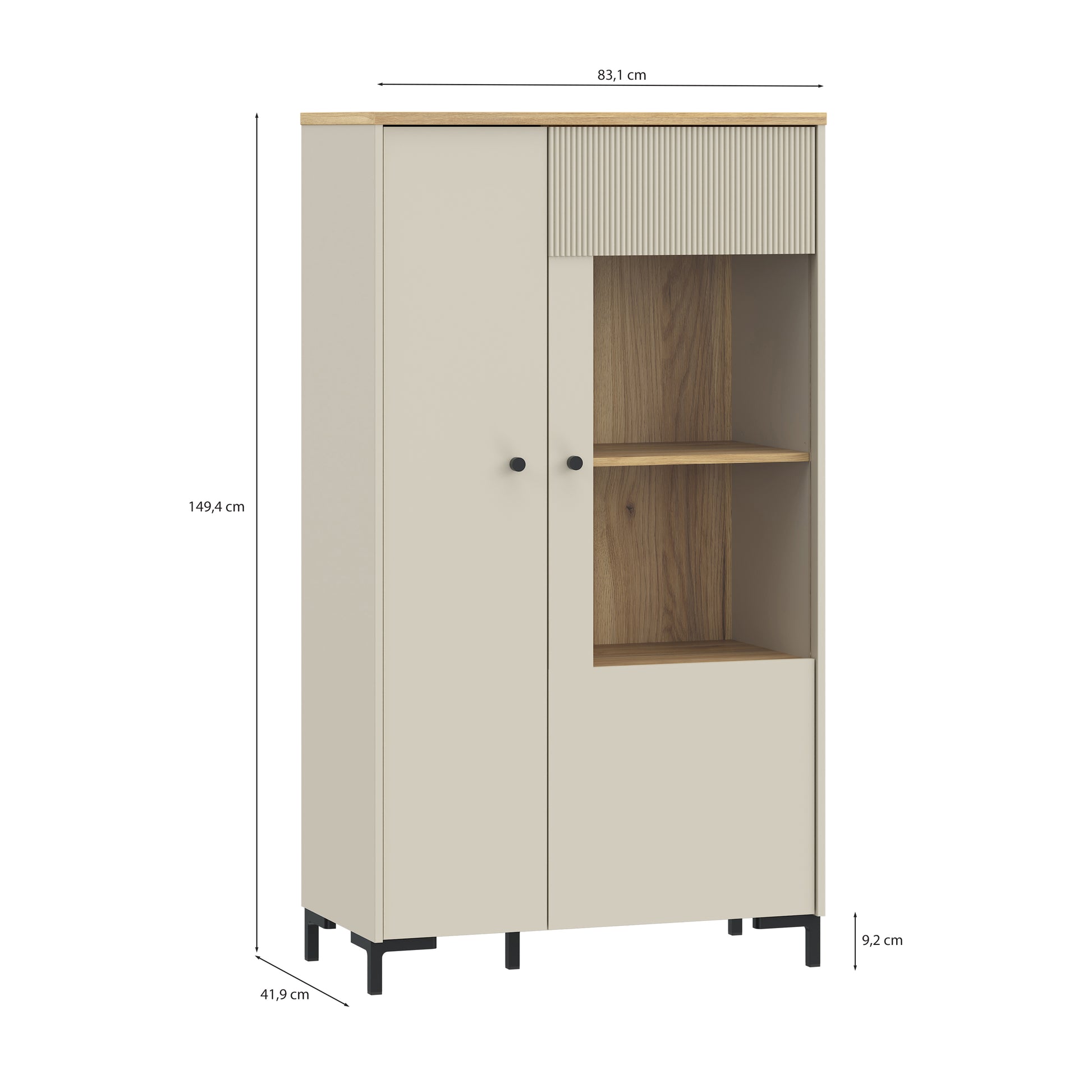 Bixbite Display Cabinet with Fluted Detail, Doors & Open Shelving in Mauvella Oak and Sand