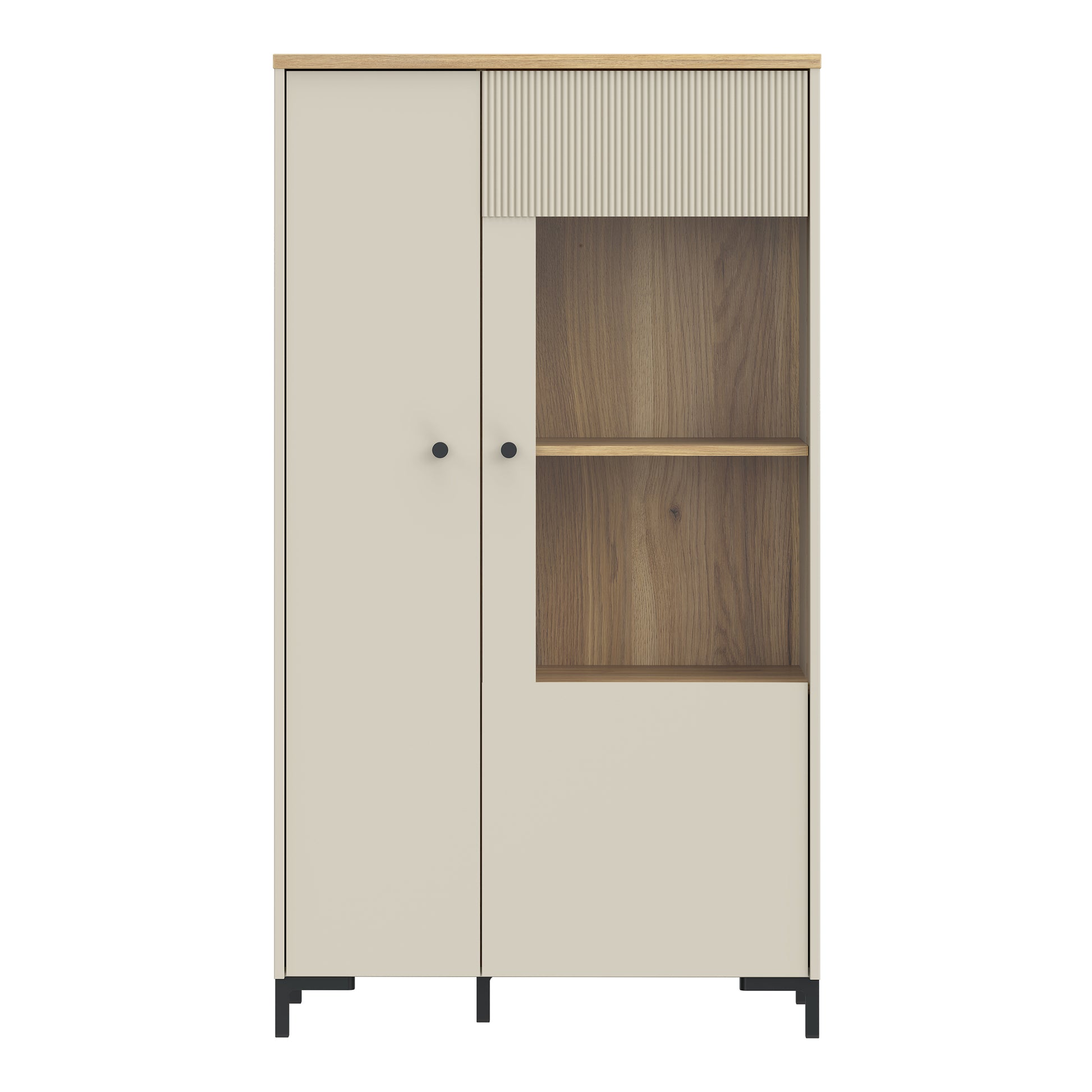 Bixbite Display Cabinet with Fluted Detail, Doors & Open Shelving in Mauvella Oak and Sand