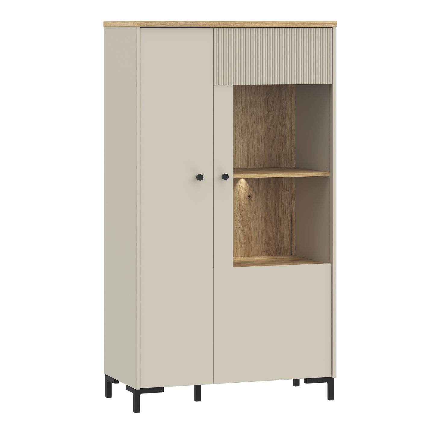 Bixbite Display Cabinet with Fluted Detail, Doors & Open Shelving in Mauvella Oak and Sand