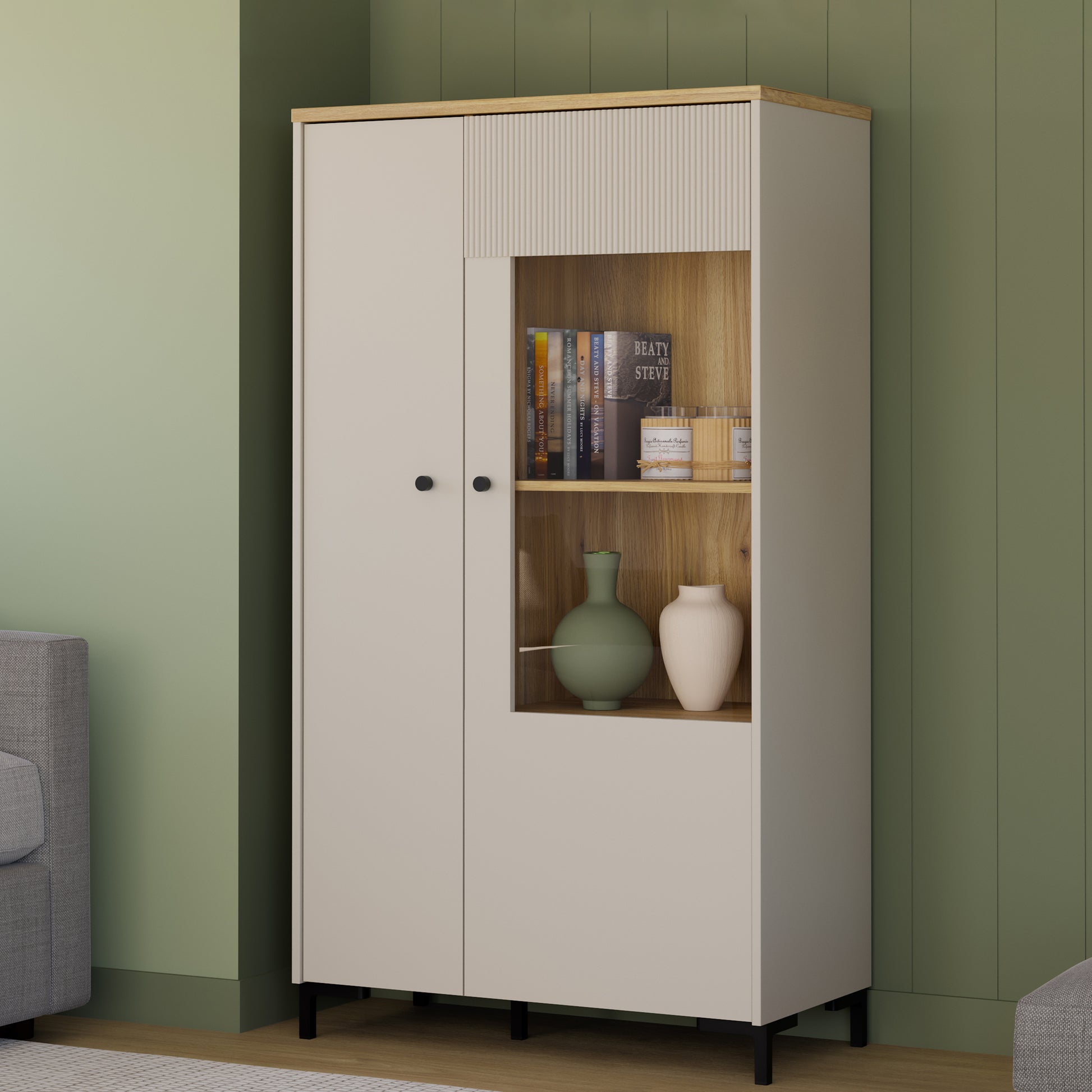 Bixbite Display Cabinet with Fluted Detail, Doors & Open Shelving in Mauvella Oak and Sand
