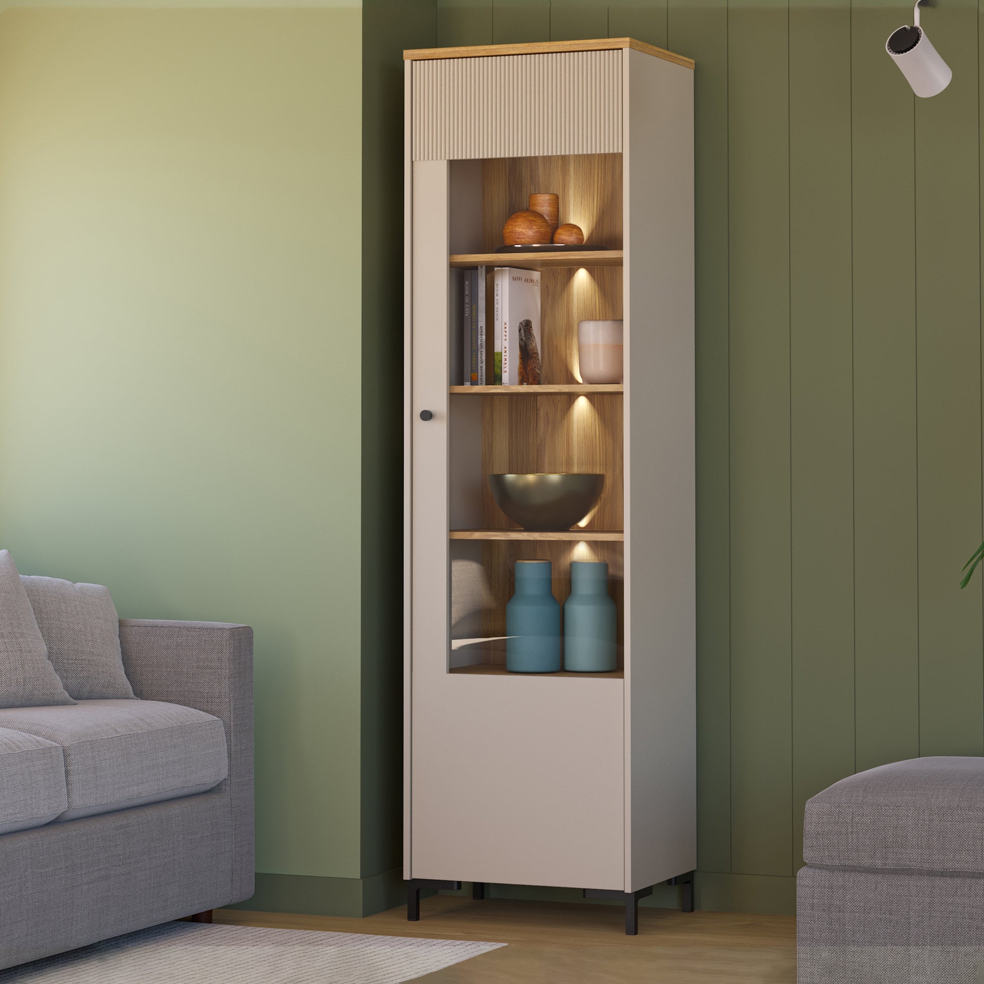 Bixbite Tall Display Cabinet with Fluted Detail, Door & Open Shelving in Mauvella Oak and Sand