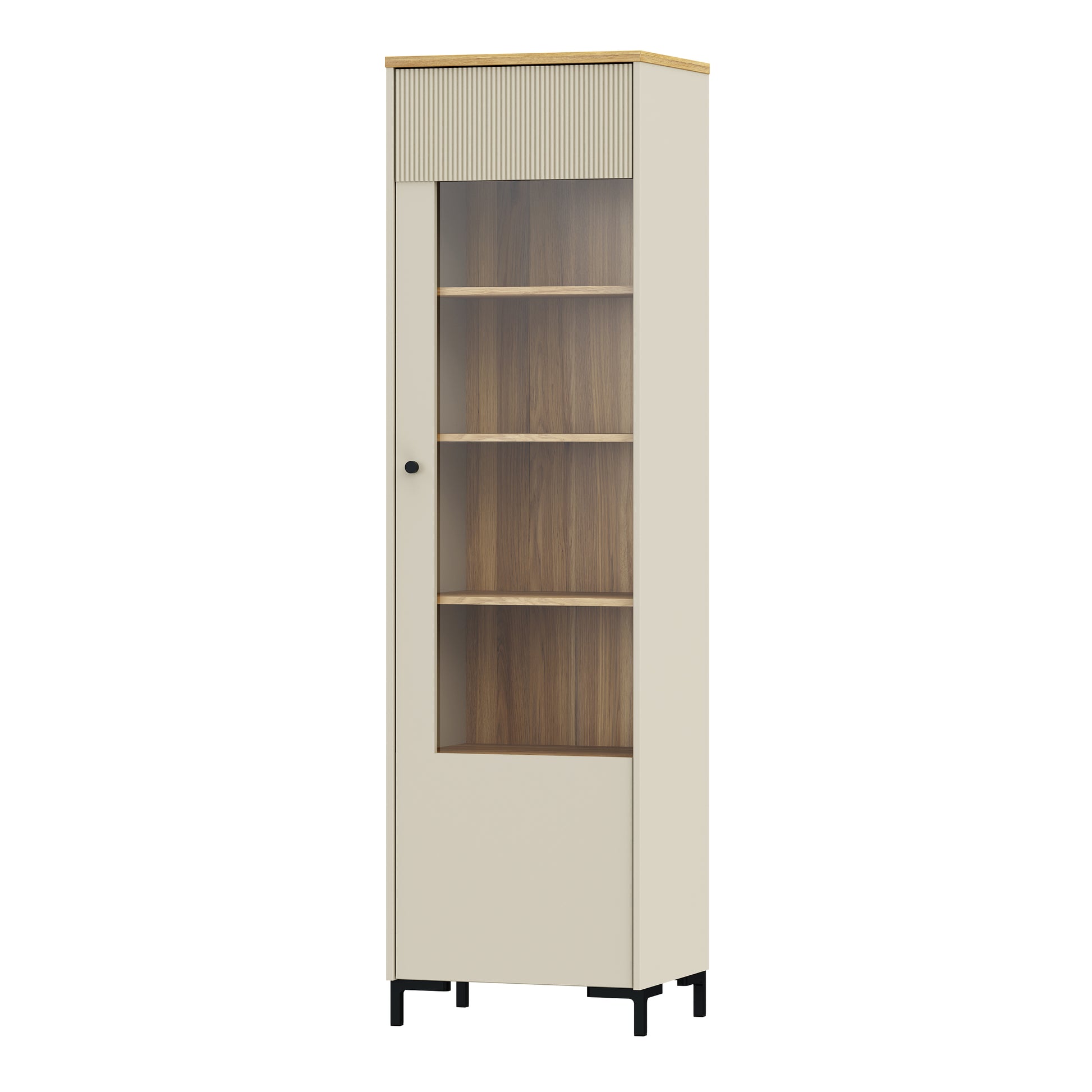 Bixbite Tall Display Cabinet with Fluted Detail, Door & Open Shelving in Mauvella Oak and Sand