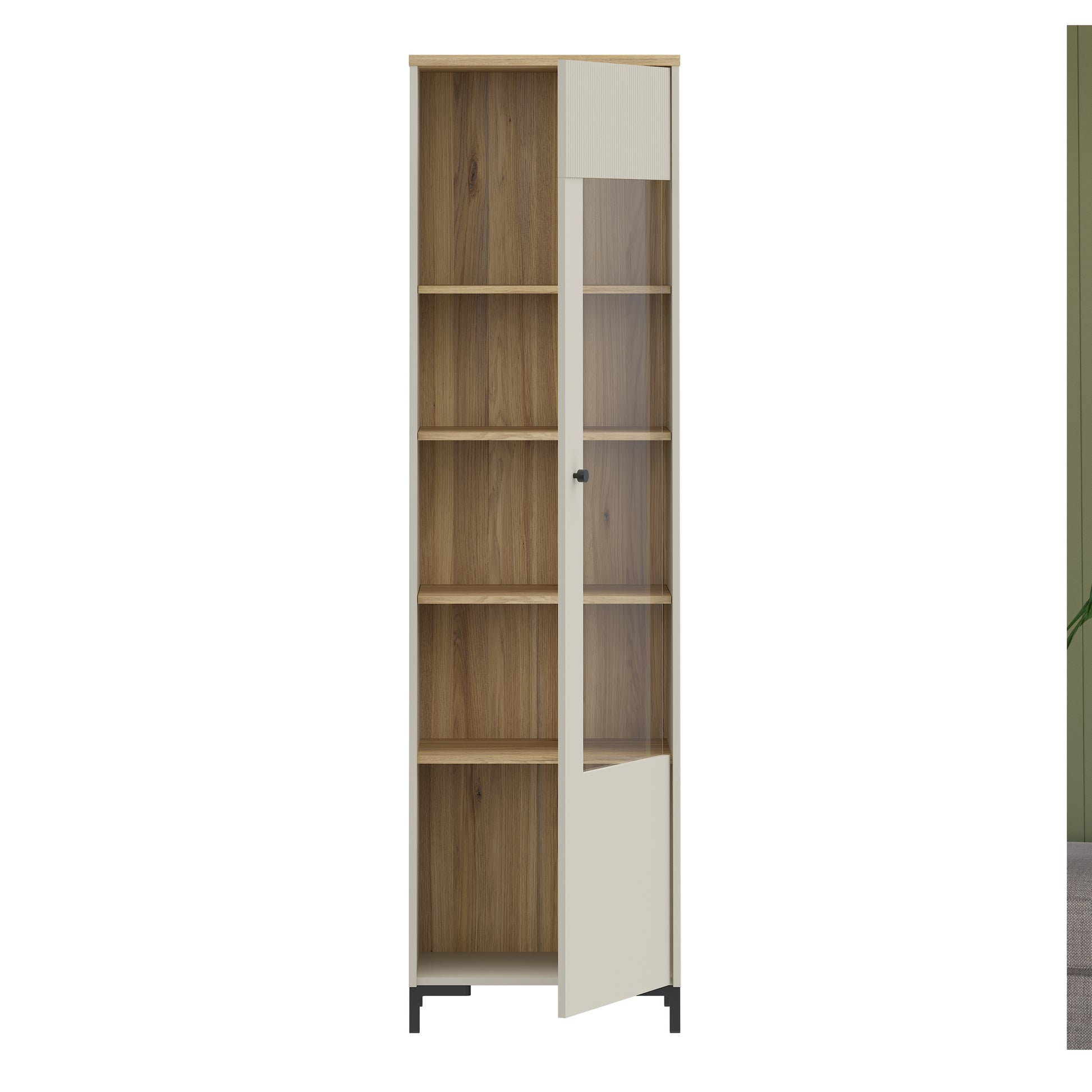 Bixbite Tall Display Cabinet with Fluted Detail, Door & Open Shelving in Mauvella Oak and Sand