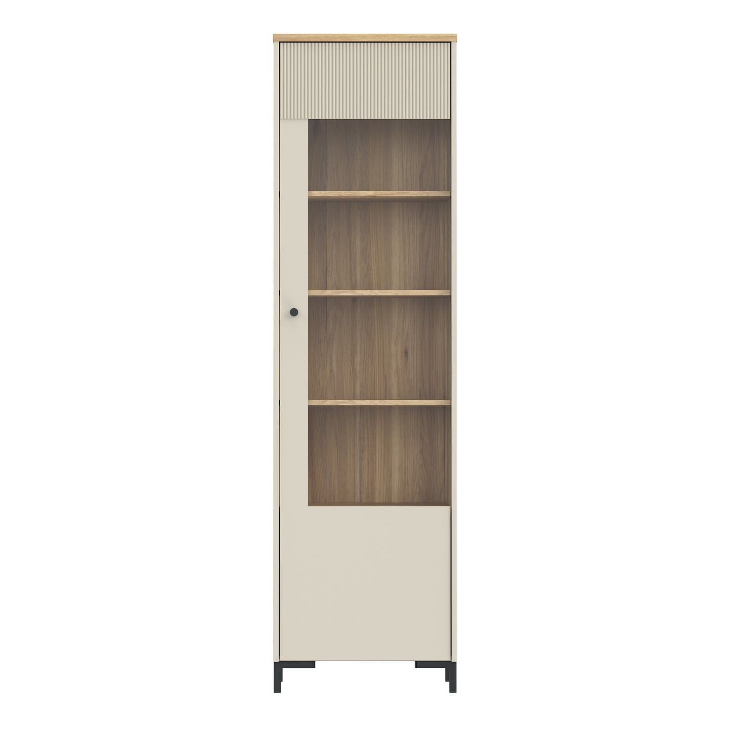 Bixbite Tall Display Cabinet with Fluted Detail, Door & Open Shelving in Mauvella Oak and Sand
