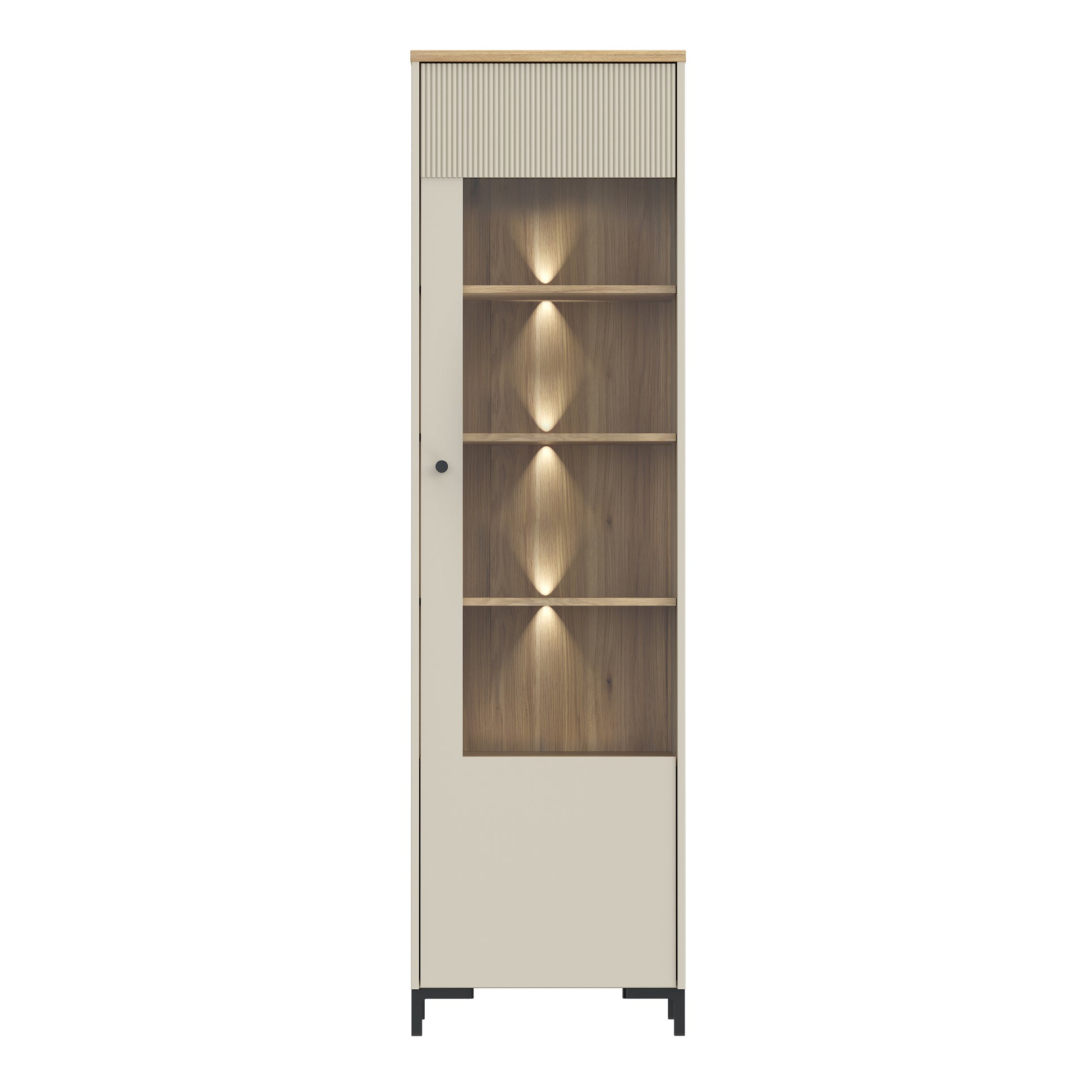 Bixbite Tall Display Cabinet with Fluted Detail, Door & Open Shelving in Mauvella Oak and Sand