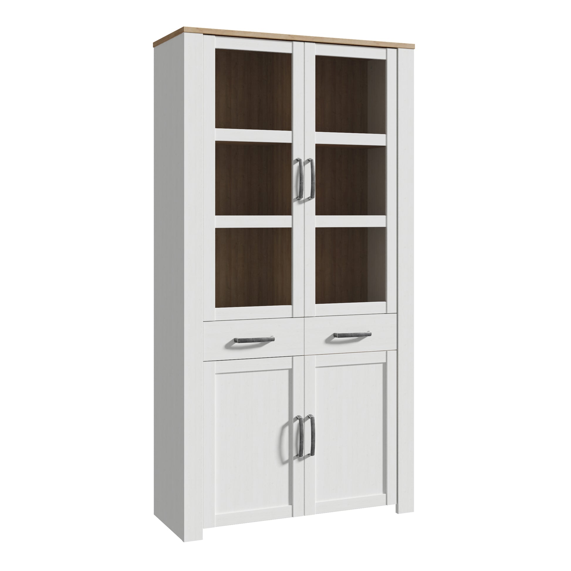 Bohol Display Cabinet 4 Door 2 Drawer in Oak/White inc LED Lighting