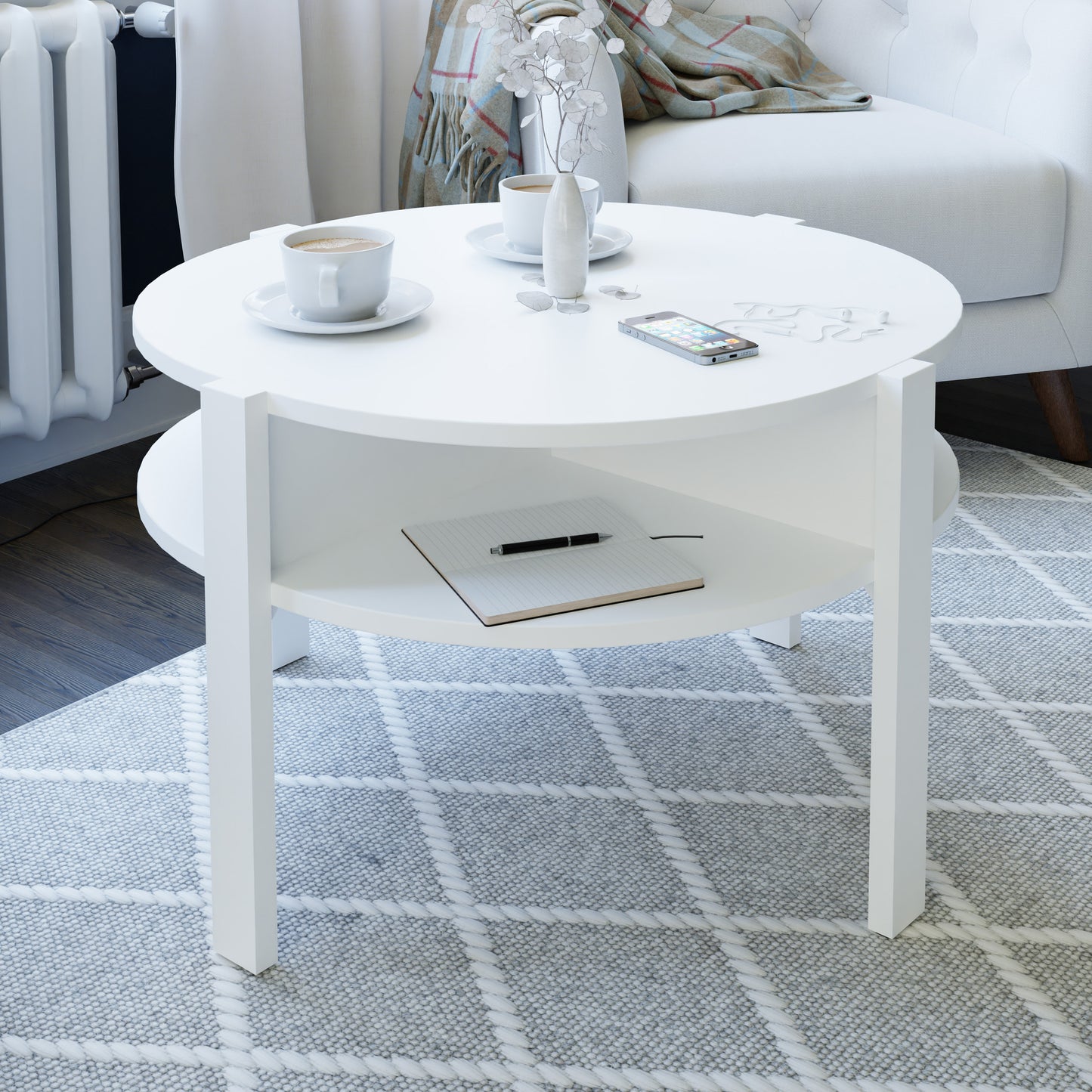 Tobago Round Coffee Table with Open Shelf in White