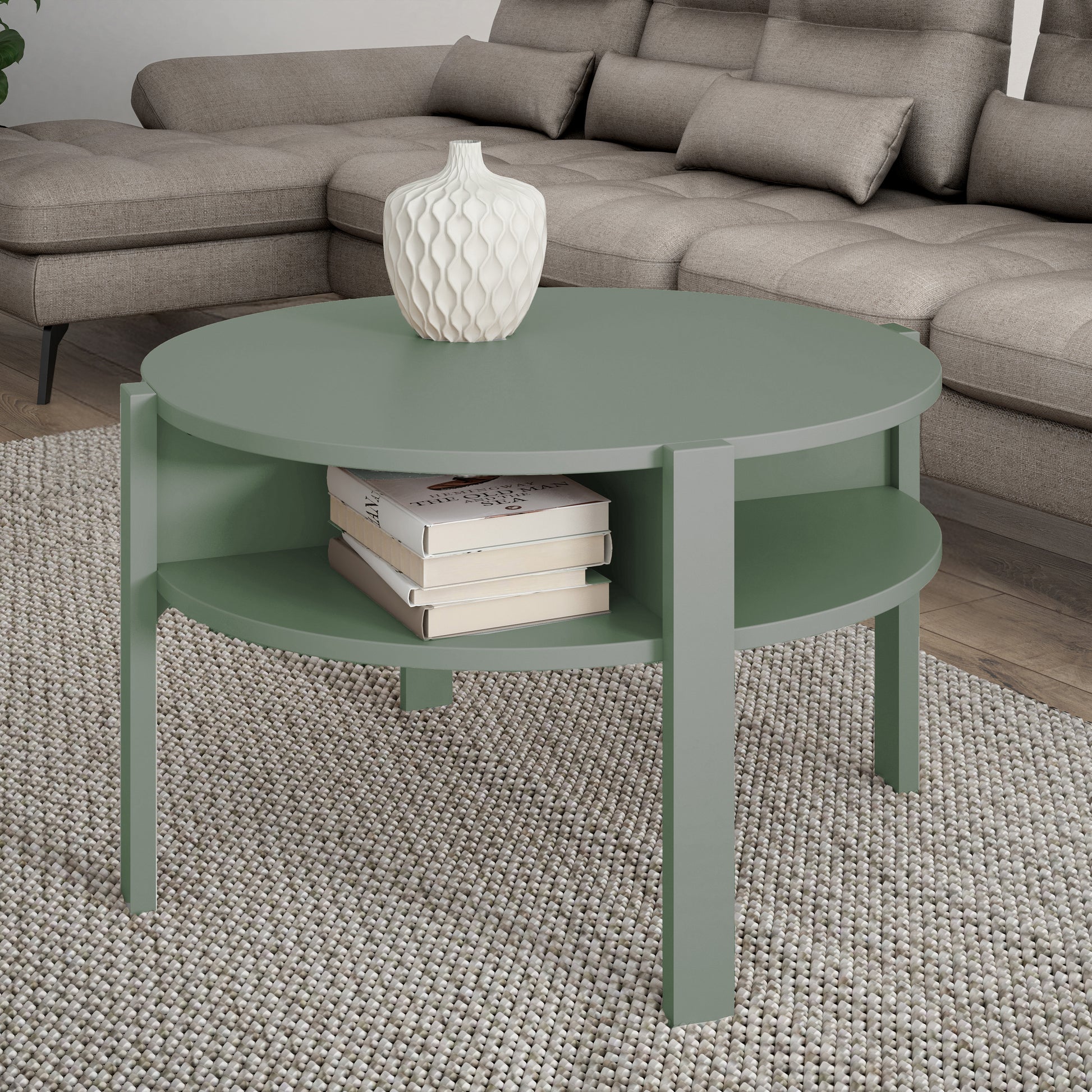 Tobago Round Coffee Table with Open Shelf in Sage Green