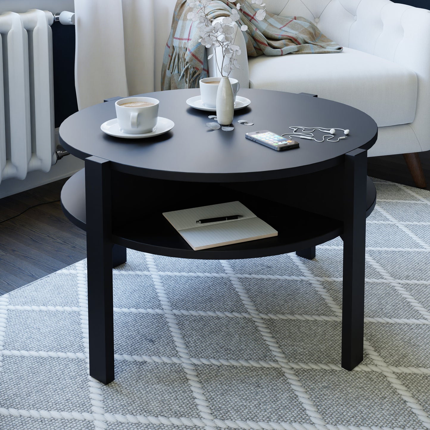 Tobago Round Coffee Table with Open Shelf in Black
