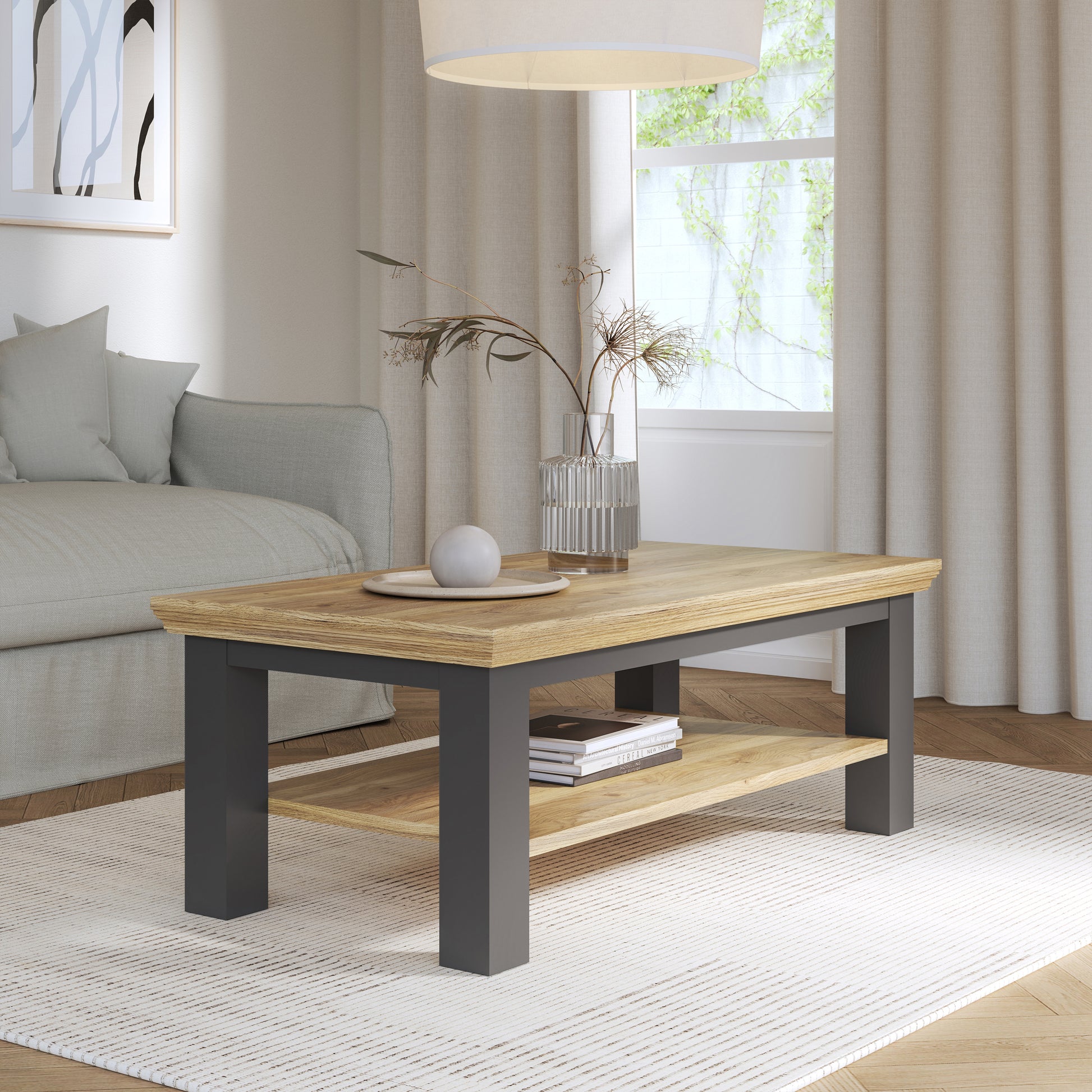 Pontypool Large Rectangular Coffee Table with Shelf in Grey and Mauvella Oak