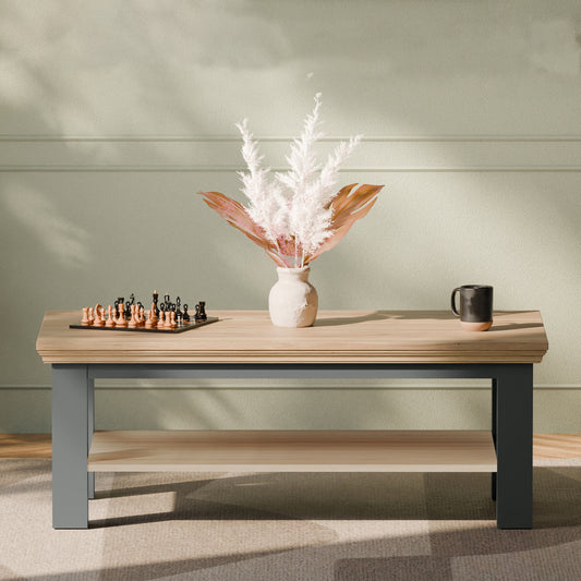 Pontypool Large Rectangular Coffee Table with Shelf in Grey and Mauvella Oak