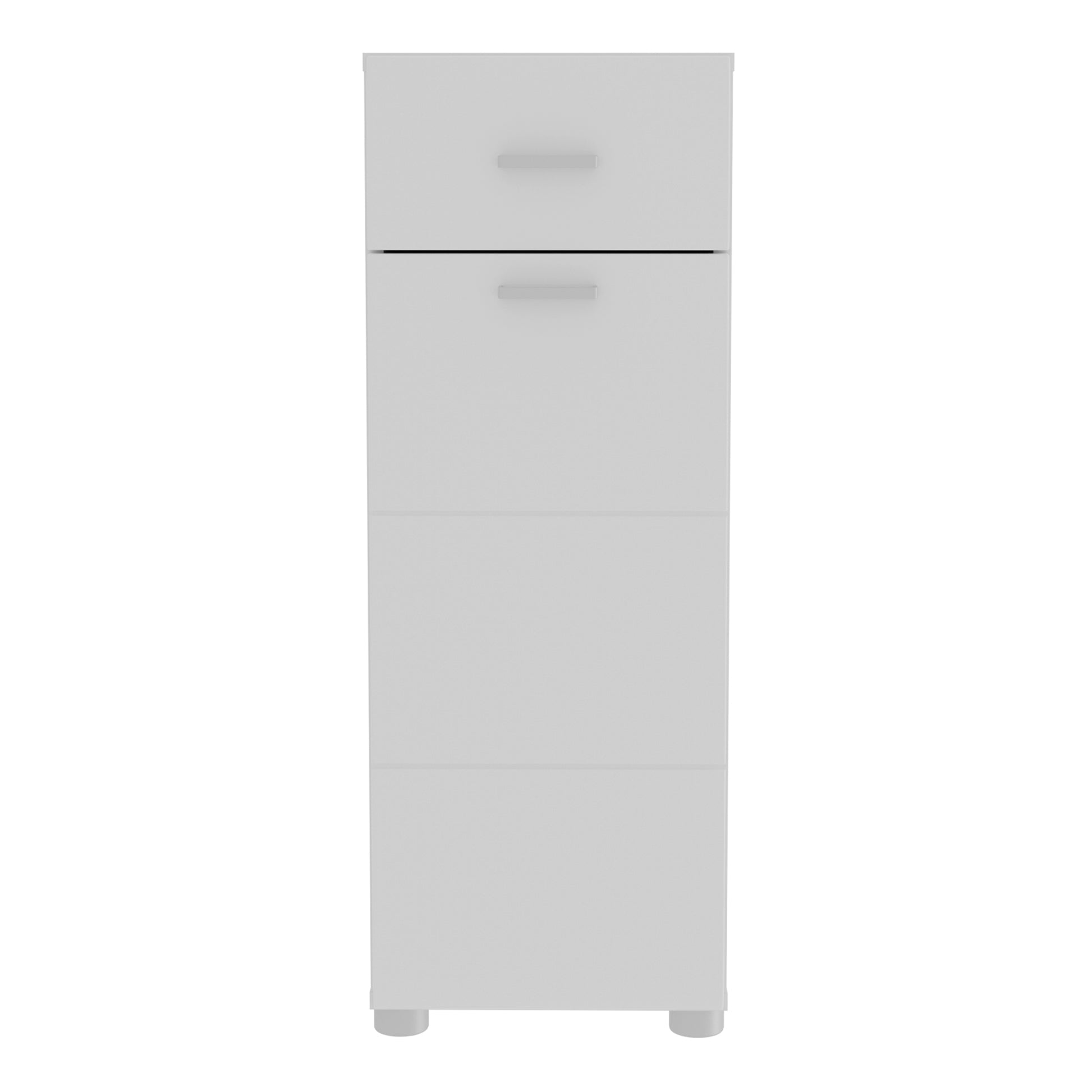 Ice Cave Bathroom Storage Cupboard with 1 Door & 1 Drawer with Silver Handles in White with White High Gloss Door