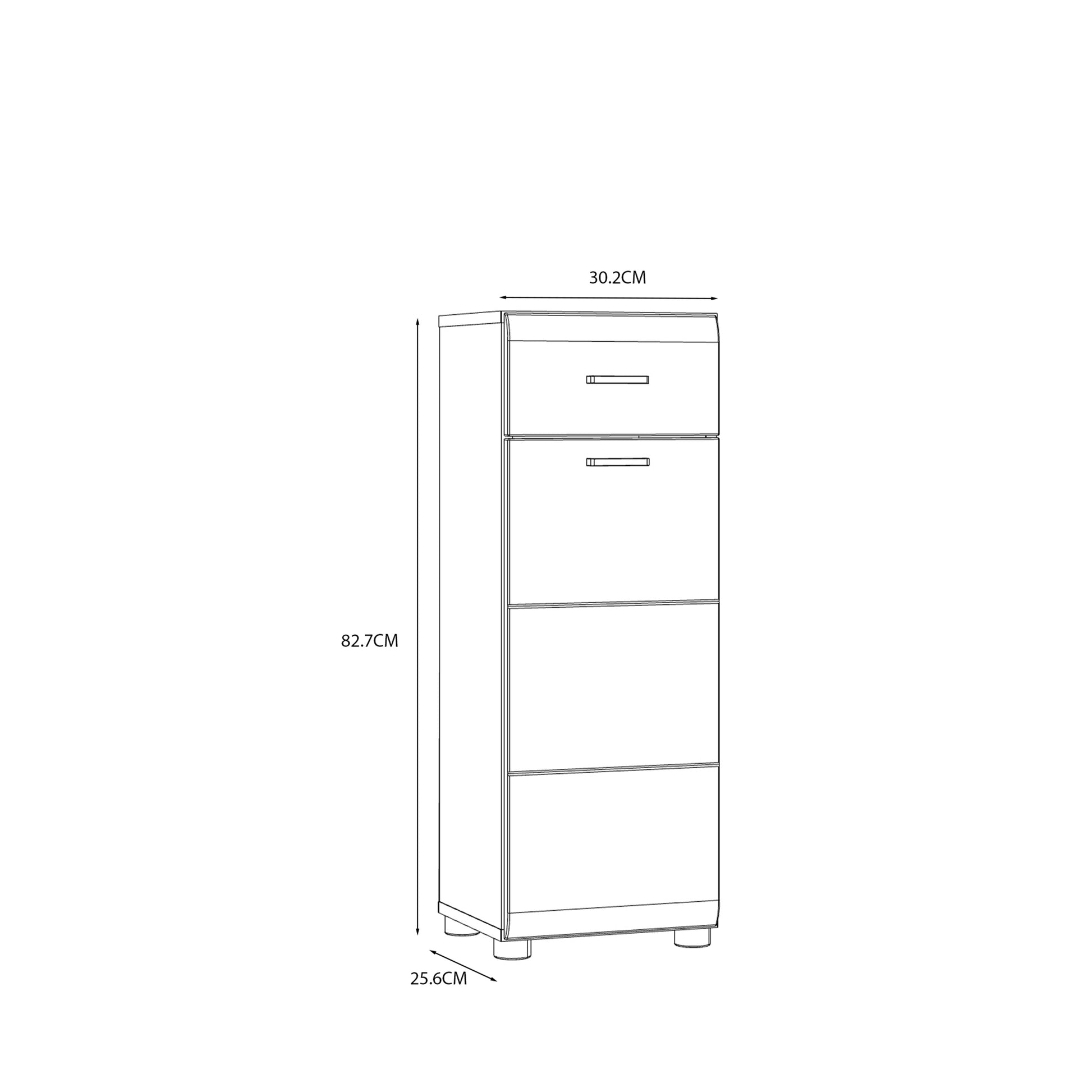 Ice Cave Bathroom Storage Cupboard with 1 Door & 1 Drawer with Silver Handles in White with White High Gloss Door