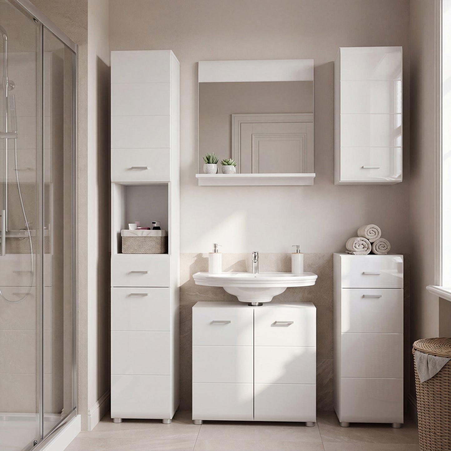 Ice Cave Narrow Bathroom Storage Cabinet with 2 Doors & 1 Drawer with Silver Handles in White with White High Gloss Fronts