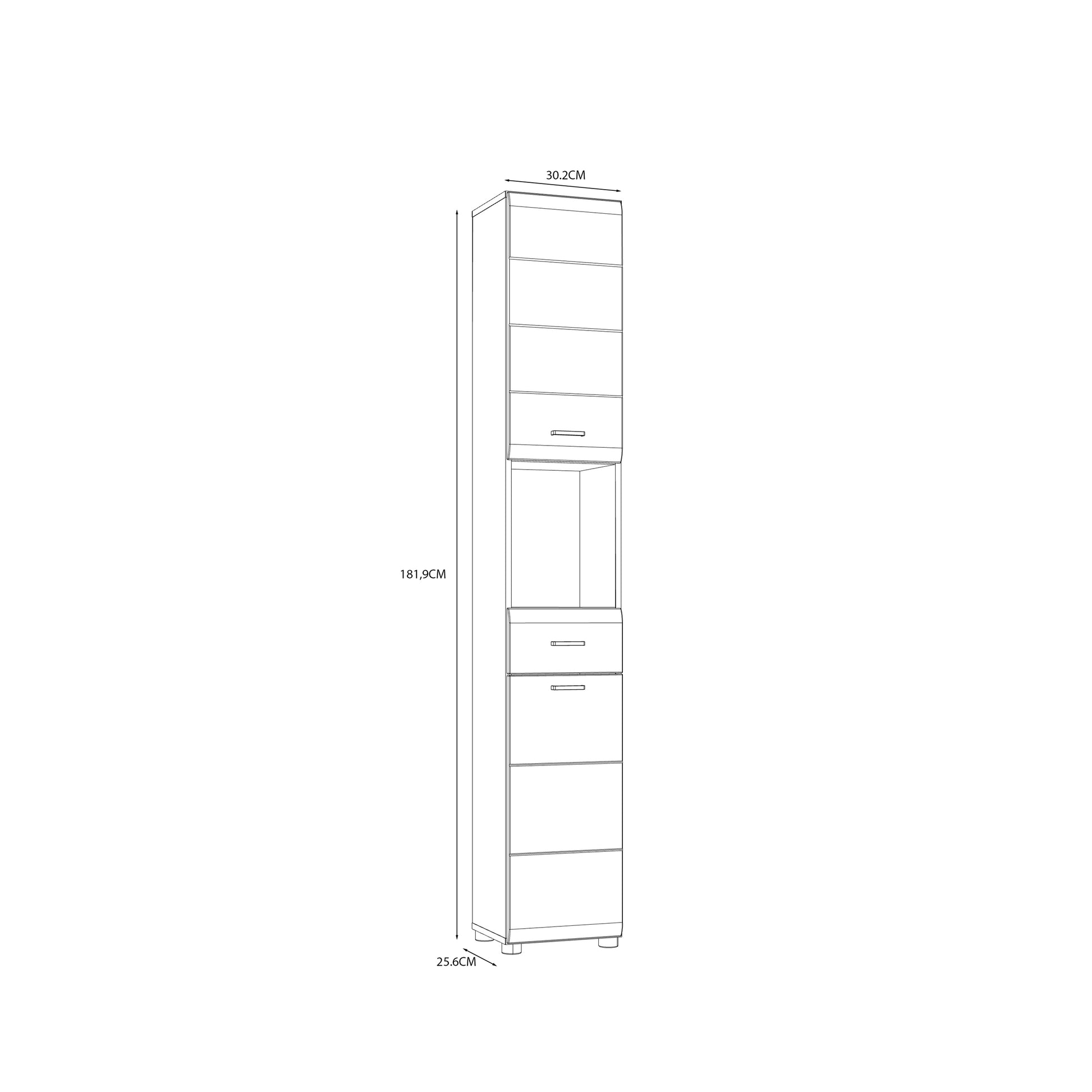 Ice Cave Narrow Bathroom Storage Cabinet with 2 Doors & 1 Drawer with Silver Handles in White with White High Gloss Fronts