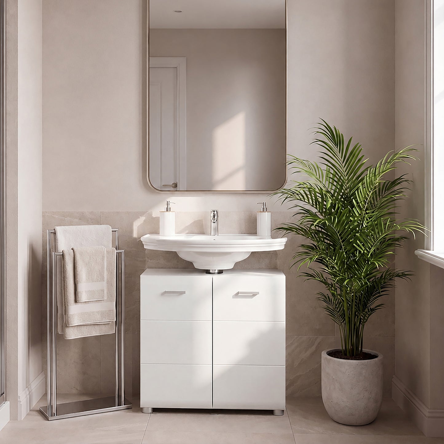 Ice Cave Under Sink Bathroom Cabinet with 2 Doors & Silver Handles in White with White High Gloss Doors