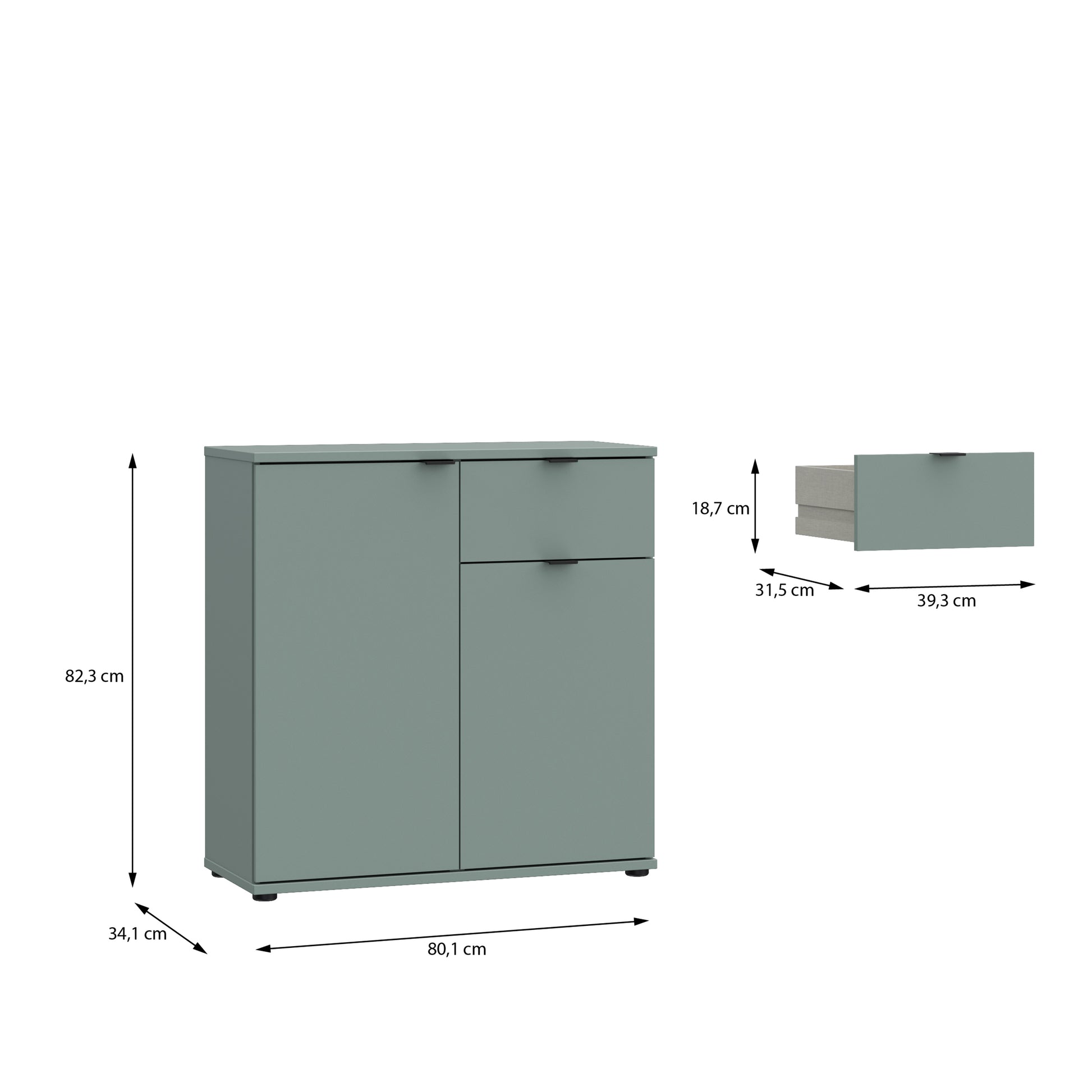 Ganymede 2 Door Cupboard with Drawer in Sage Green