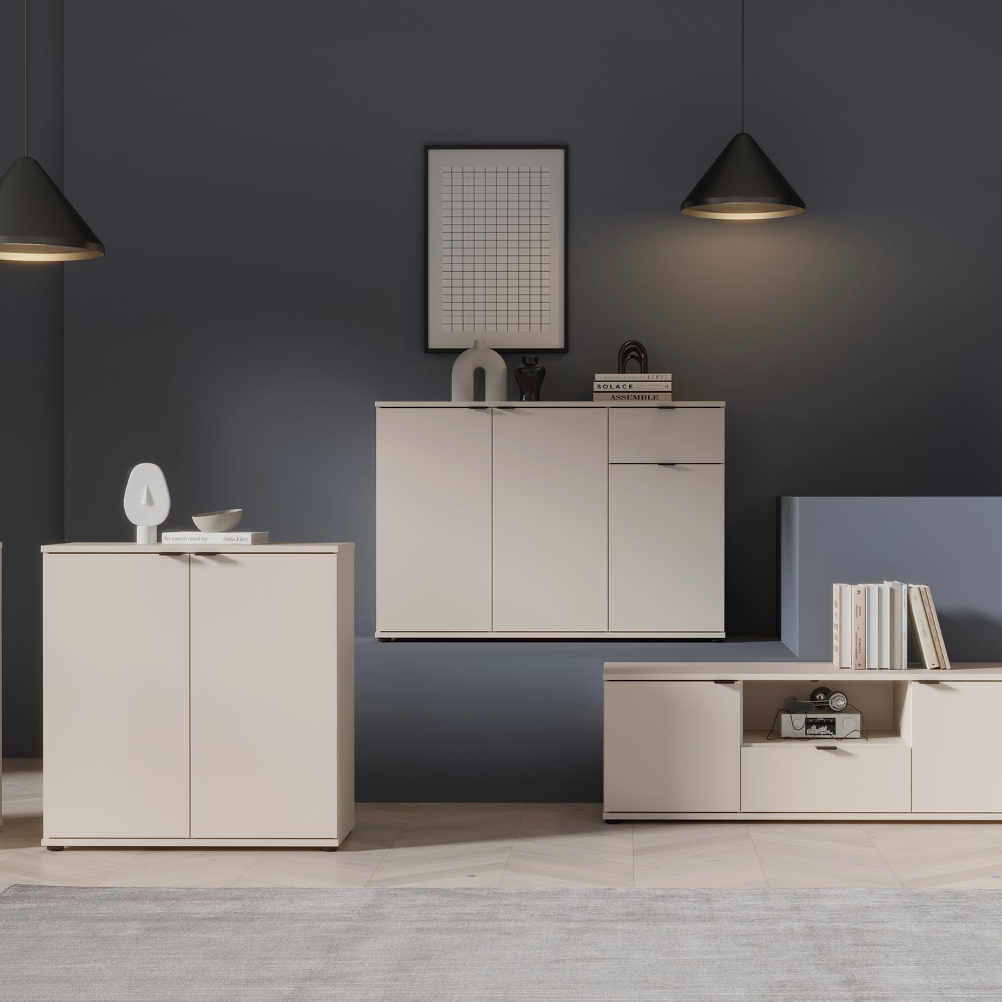 Ganymede Wide 3 Door Cupboard with Drawer in Sand