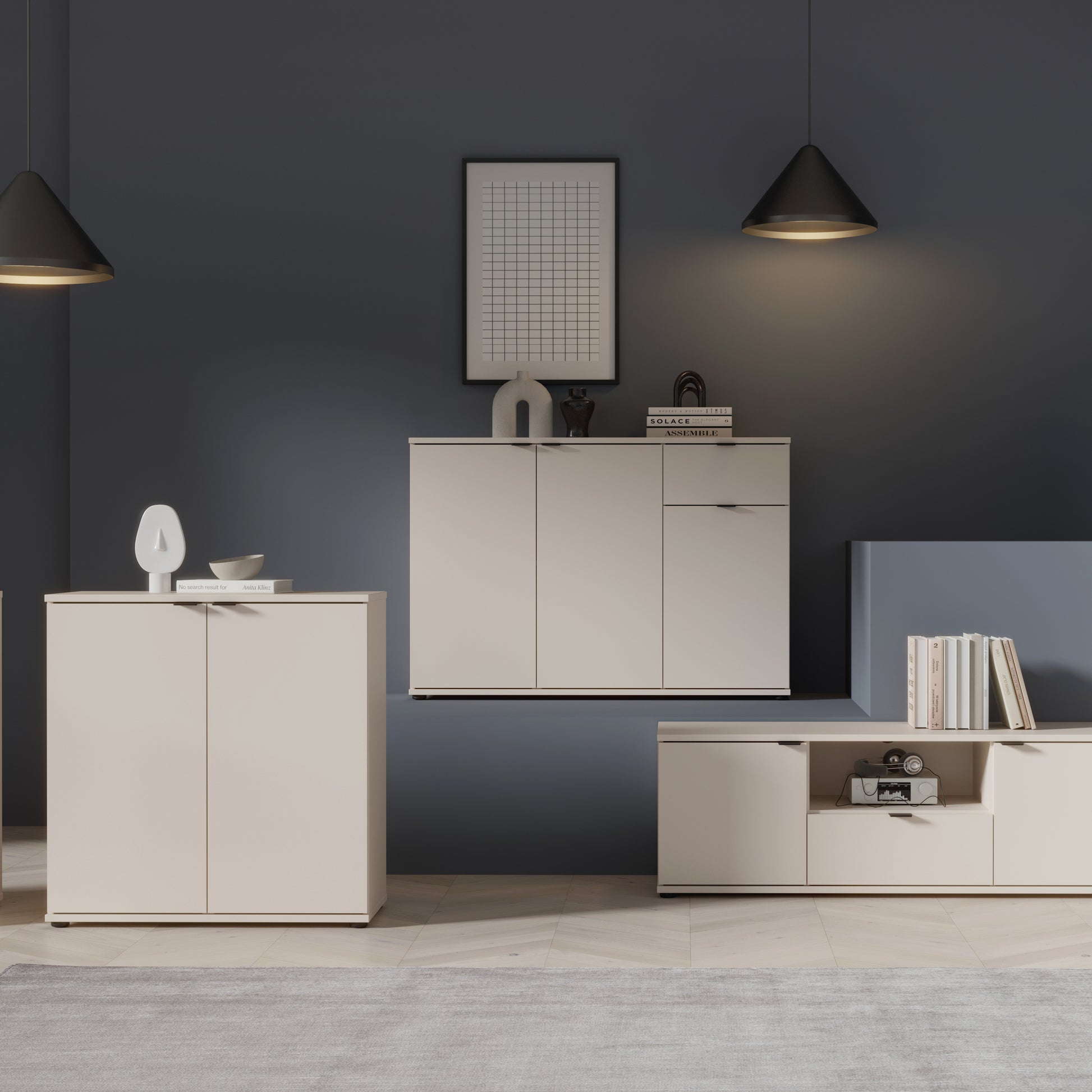 Ganymede Wide 3 Door Cupboard with Drawer in Sand
