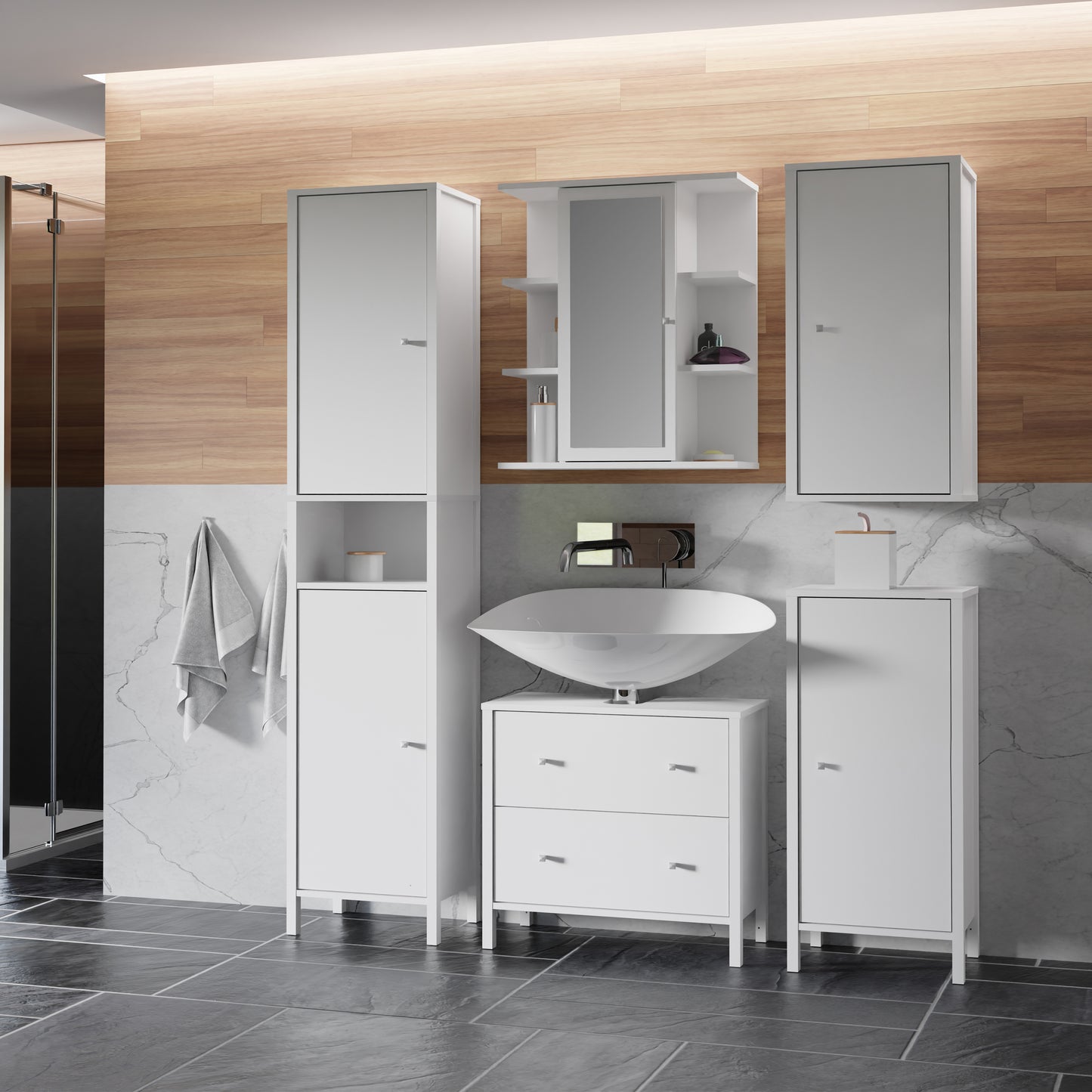 Ipsarion High Cupboard with 2 Doors & Silver Handles in White