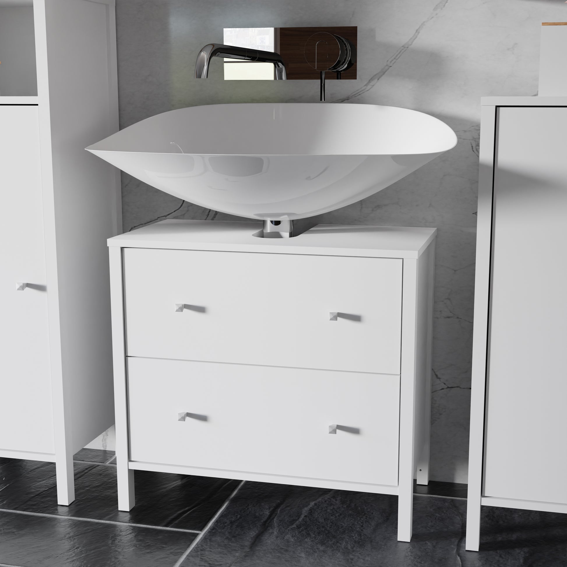 Ipsarion Under Sink Bathroom Storage Unit with 2 Drawers & Silver Handles in White