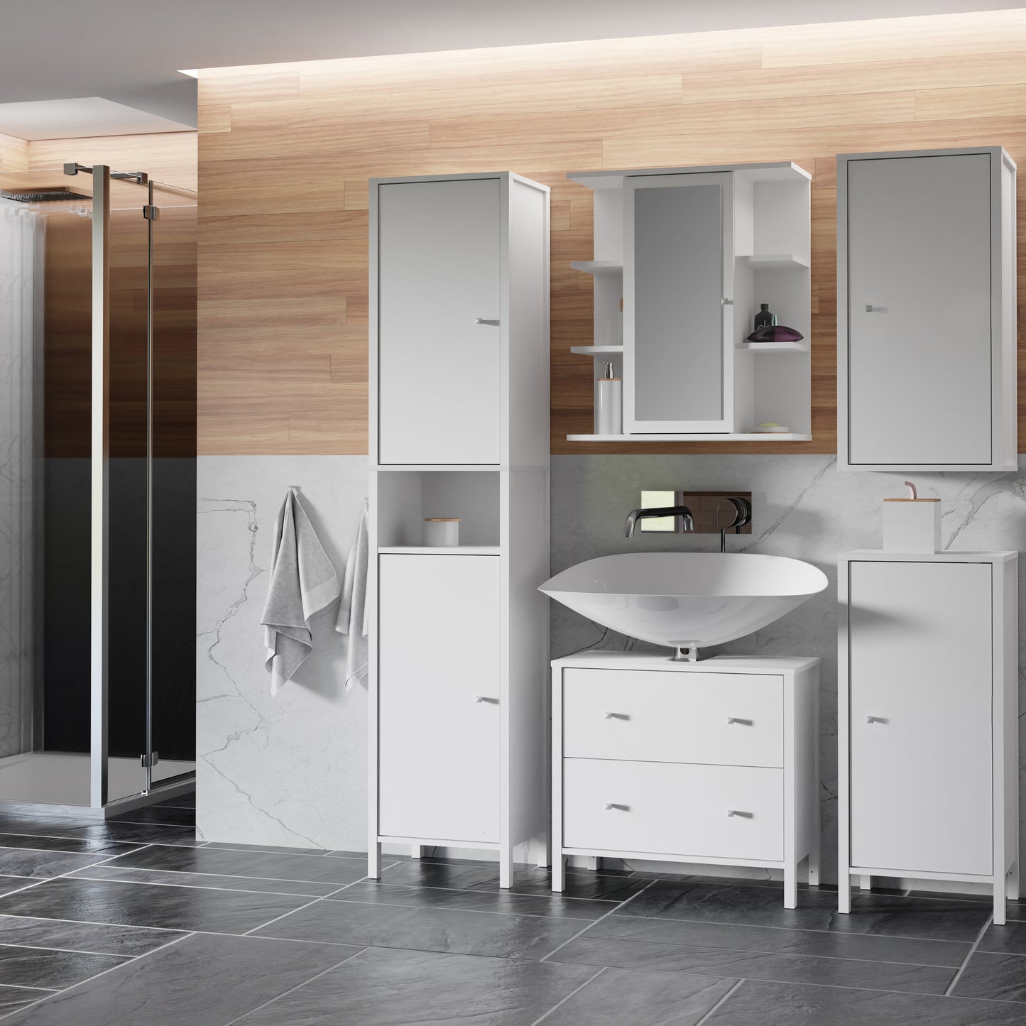 Ipsarion Under Sink Bathroom Storage Unit with 2 Drawers & Silver Handles in White