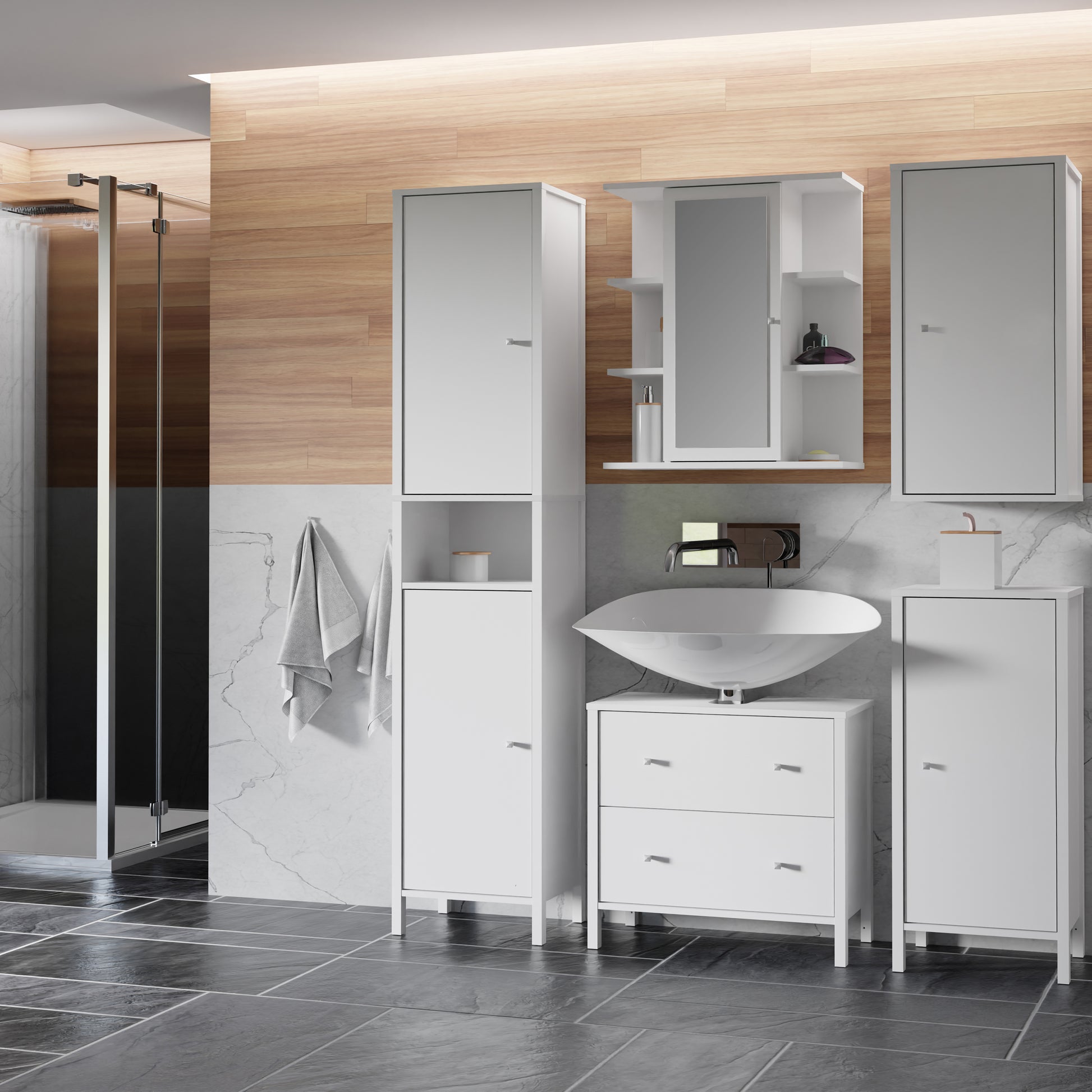 Ipsarion Under Sink Bathroom Storage Unit with 2 Drawers & Silver Handles in White