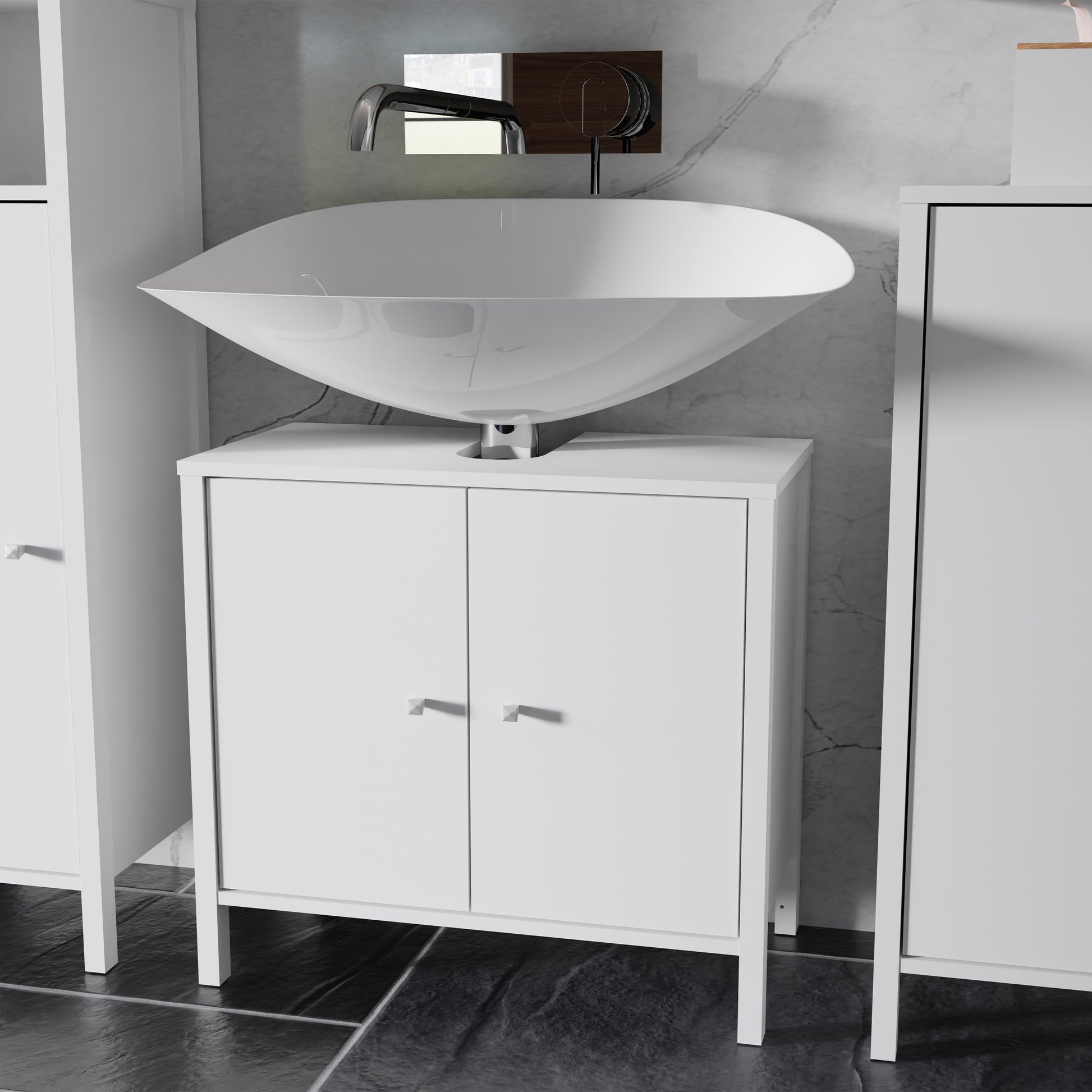 Ipsarion Under Sink Bathroom Storage Unit with 2 Doors & Silver Handles in White