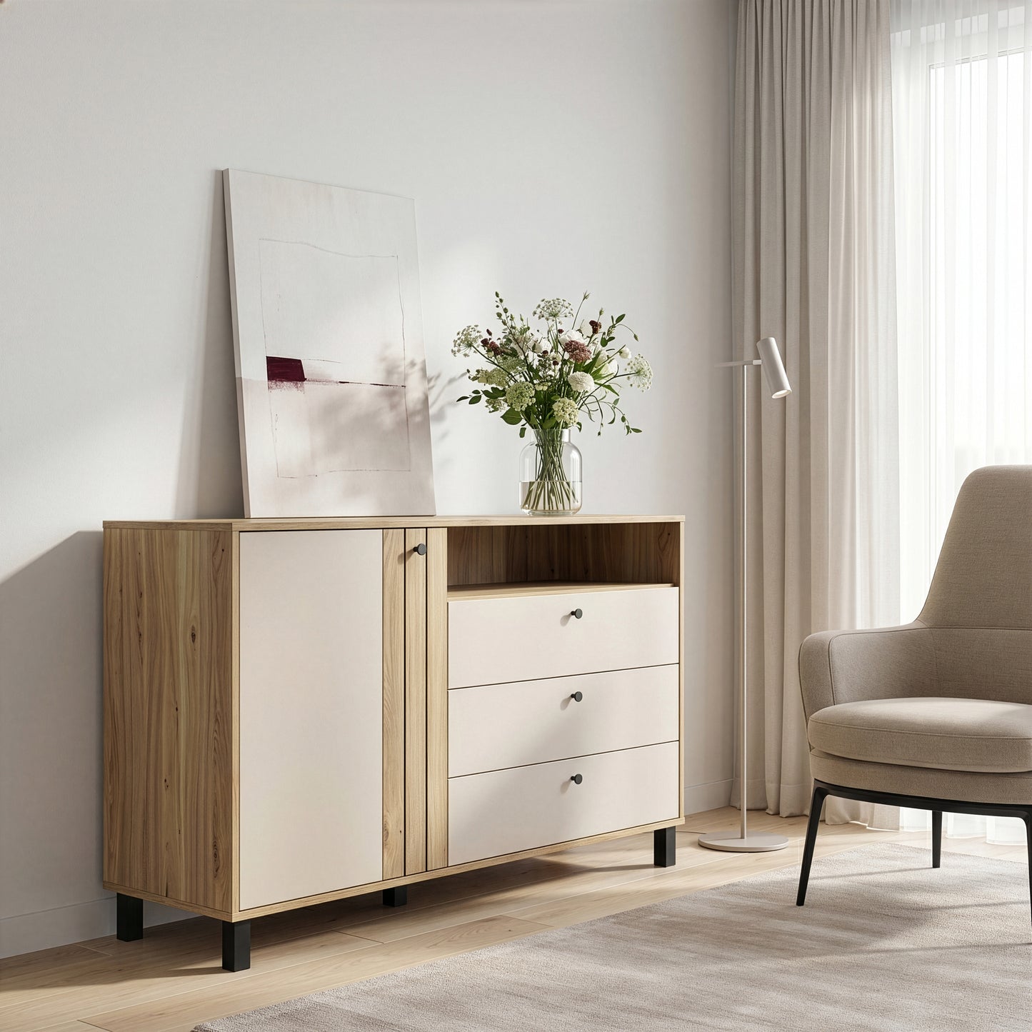Grafton 1 Door 3 Drawer Chest In Cream and Oak