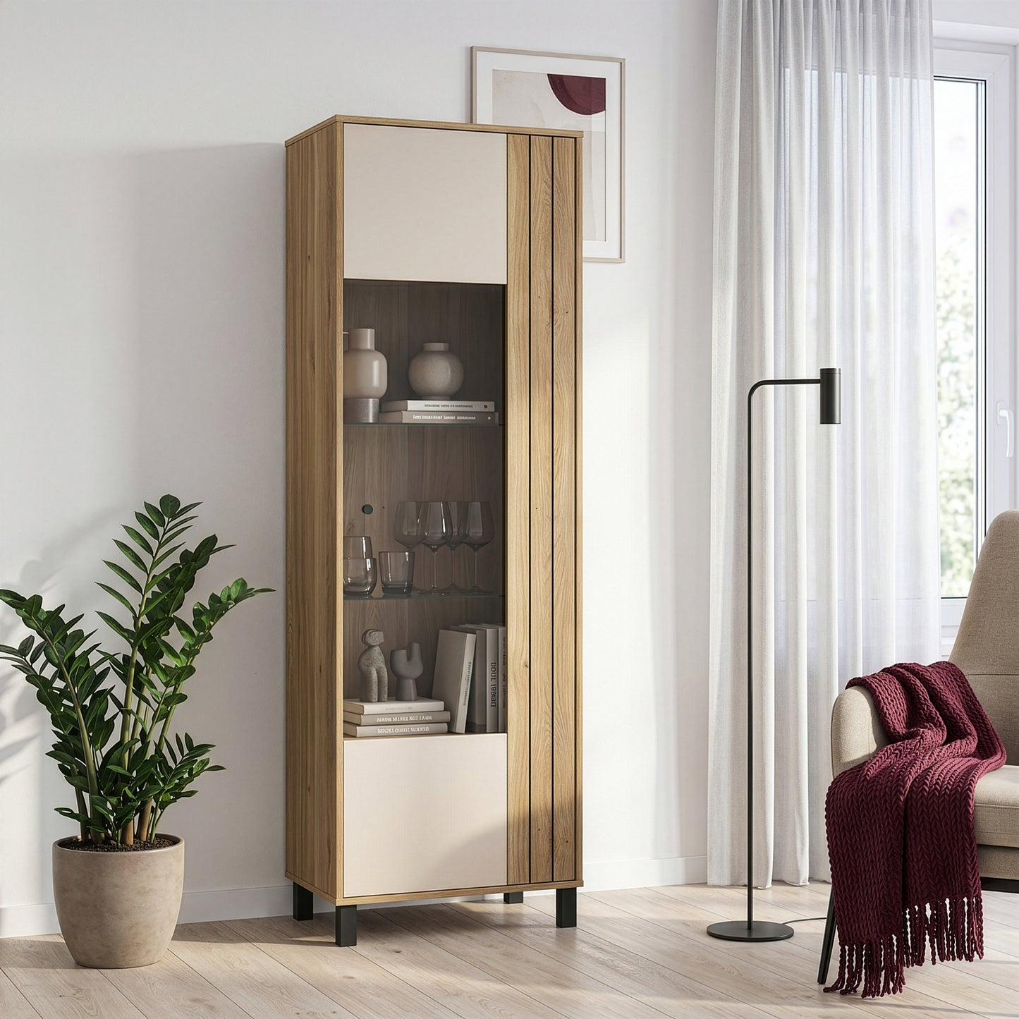 Grafton Glass Door Display Cabinet in Cream and Oak