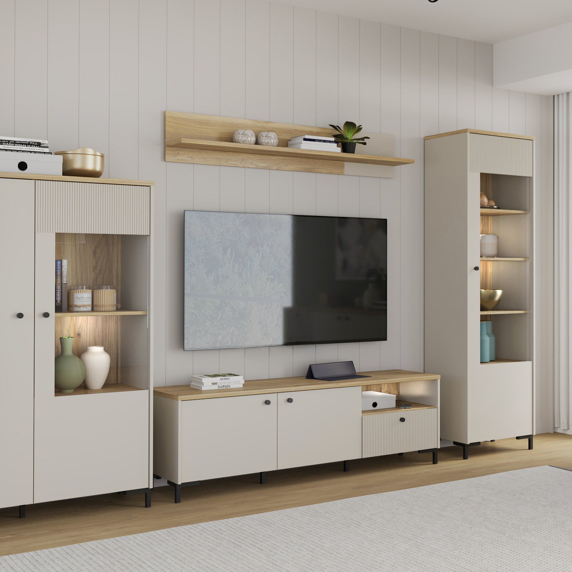 Bixbite Wall Shelf with Sliding Panel in Mauvella Oak and Sand