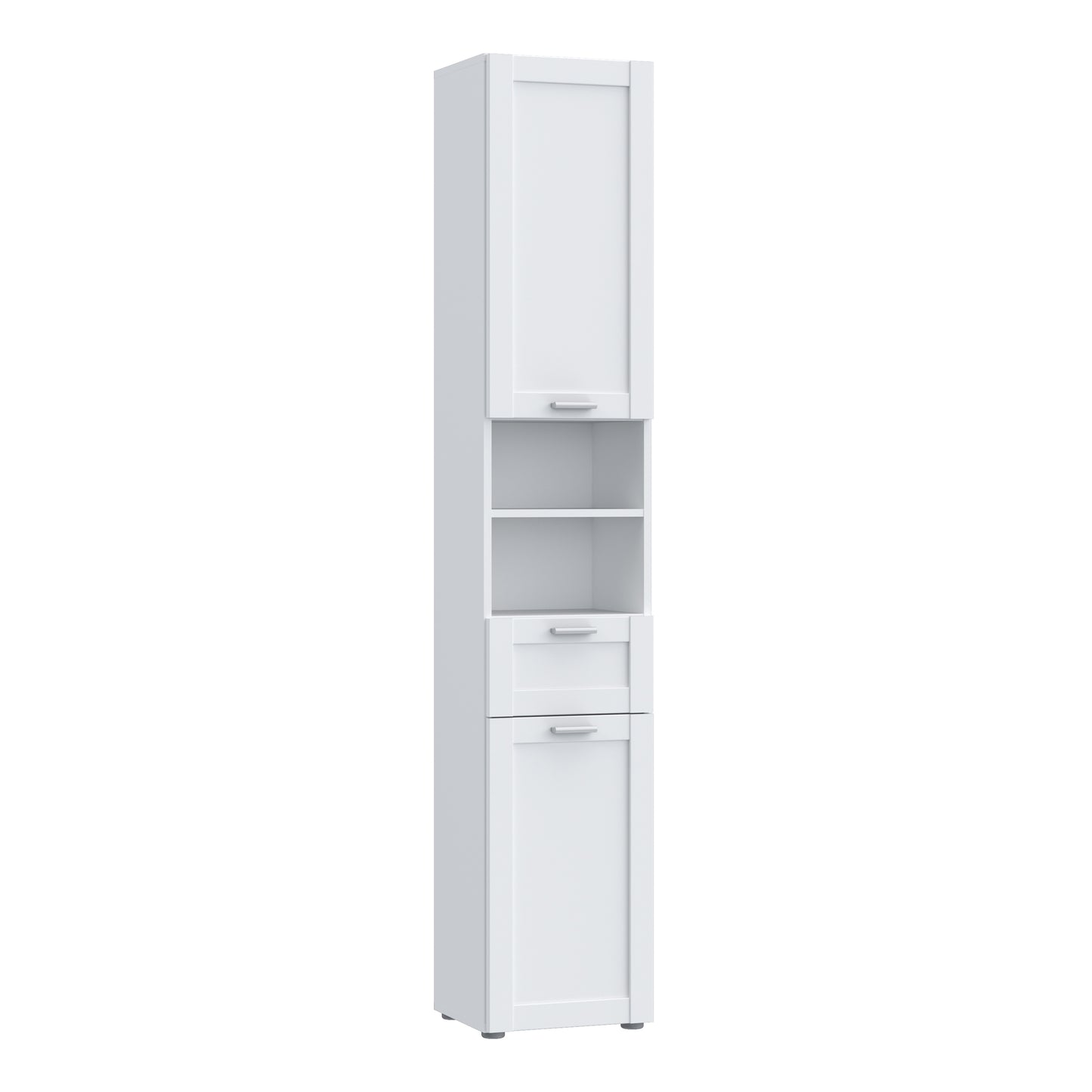 Lokko Tall Narrow Bathroom Cabinet with 2 Doors & 1 Drawer with Silver Handles in White