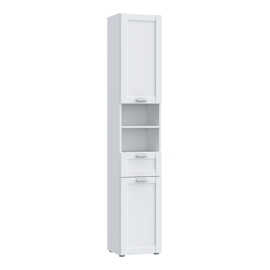 Lokko Tall Narrow Bathroom Cabinet with 2 Doors & 1 Drawer with Silver Handles in White