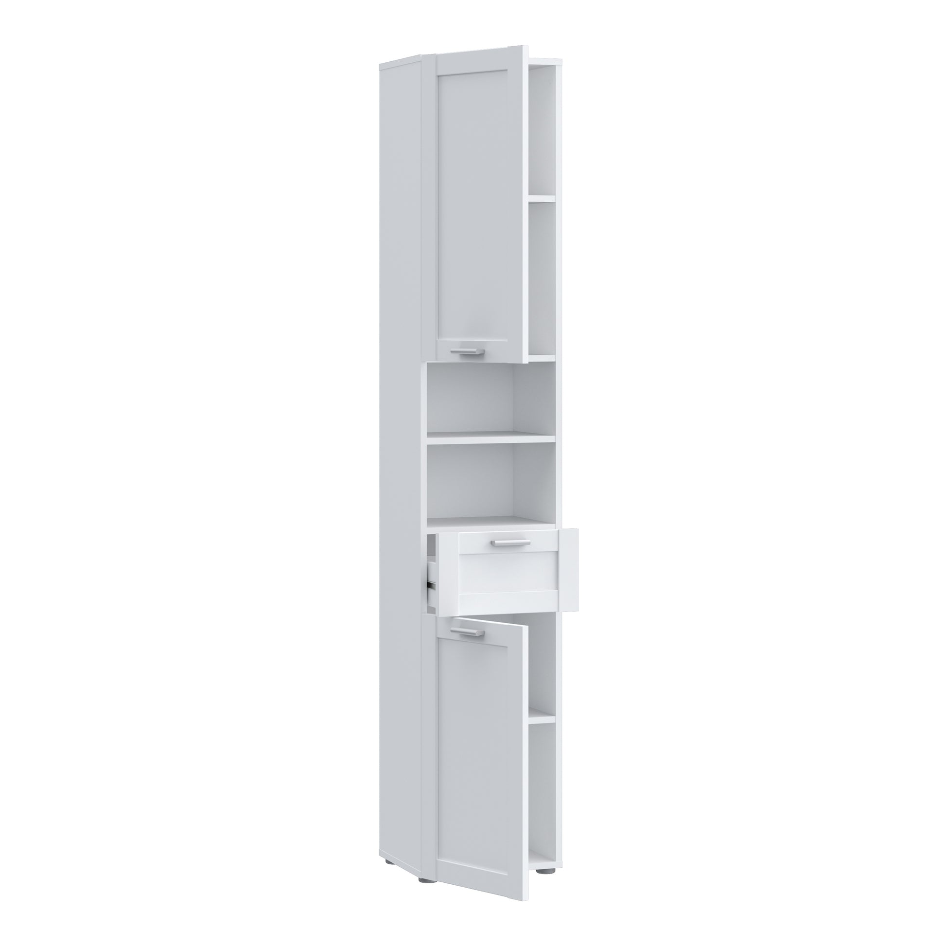 Lokko Tall Narrow Bathroom Cabinet with 2 Doors & 1 Drawer with Silver Handles in White