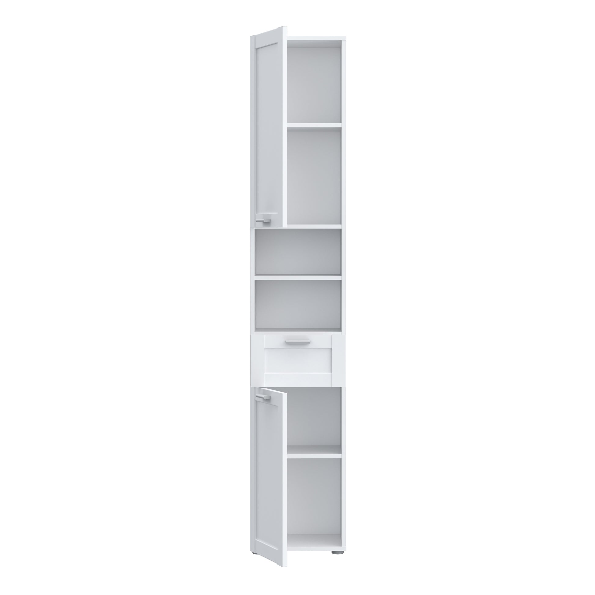 Lokko Tall Narrow Bathroom Cabinet with 2 Doors & 1 Drawer with Silver Handles in White