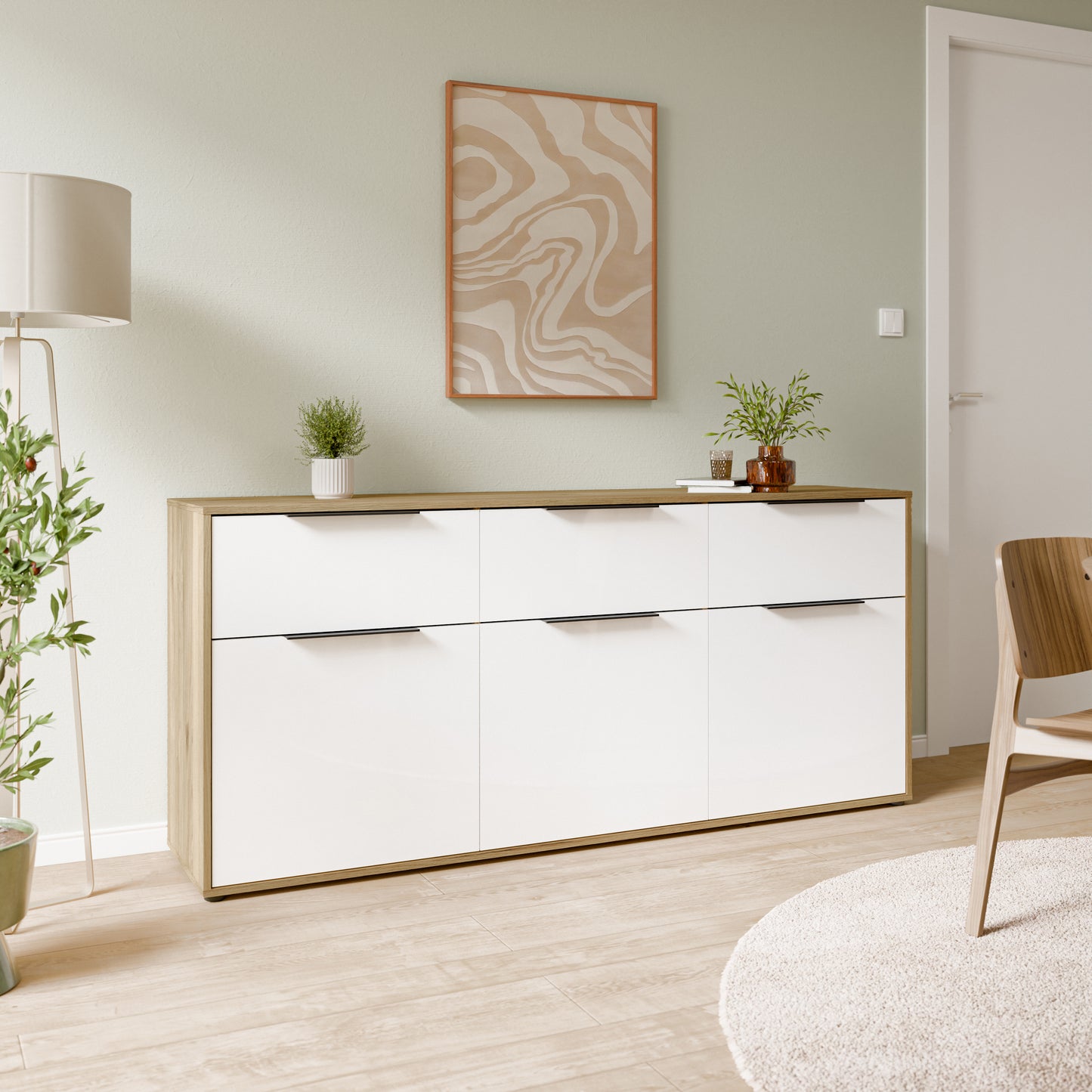 Orkney 3 Drawer Sideboard with 3 Doors in Mauvella Oak and White Gloss